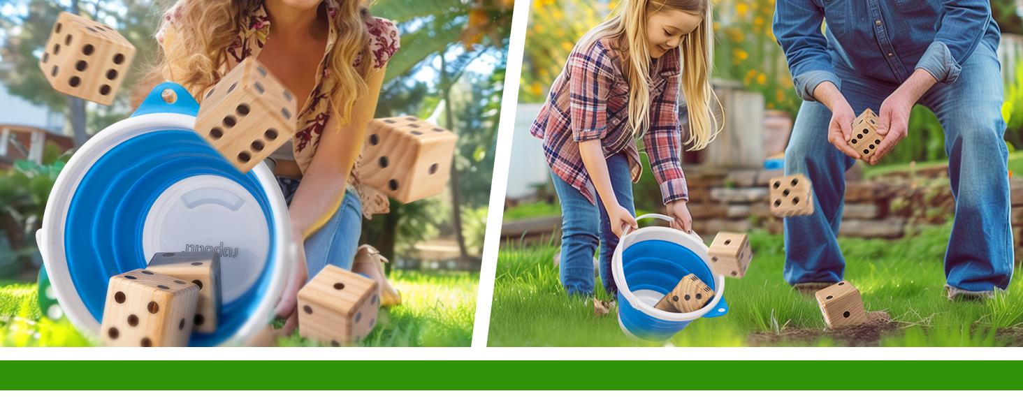 (Summer Turn-Up)Ropoda Giant Wooden Yard Dice Set - 3.5" Dice, Double Sided Scoreboard, Water Resistant, Collapsible Bucket, Dry Erase Marker - Perfect for Outdoor Games, BBQs, Beach, and Grad Parties, Summer Turn Up & Father's Day Deal