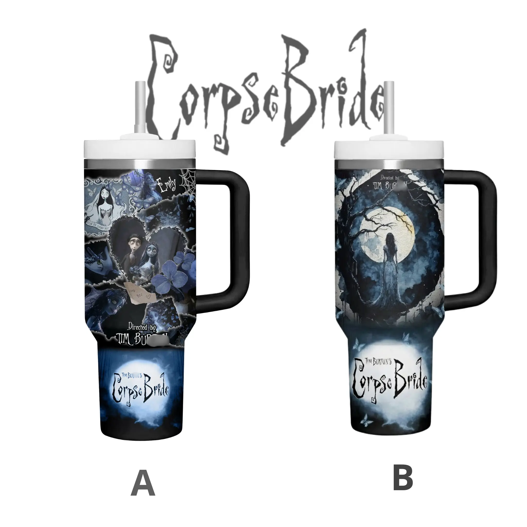 Spooky Corpse Bride Cartoon Movie 40oz Tumbler With Handle, Emily And Victor Cup, Spooky Cute Halloween Water Bottle, Black White Travel Cup, Gift For Timburt0n Fans