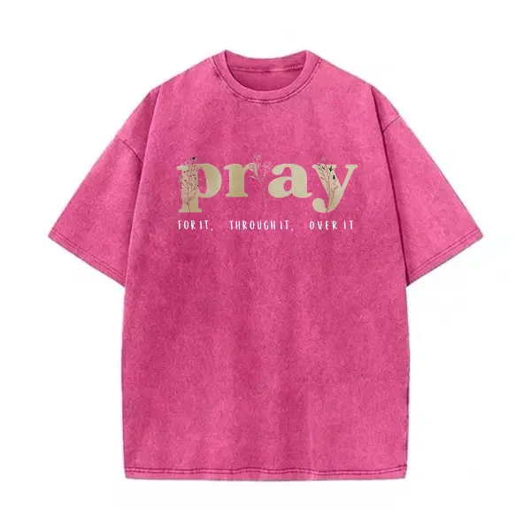 Women's Fitted Short-Sleeve Cotton Crewneck Hoodie Top - Christian Slogan, Pray for It/Pray Over It Washed Design, Jesus Over Everything Bible Verse, Soft Fabric, Casual Aesthetics, XXL Faith Pullover Sweatshirt