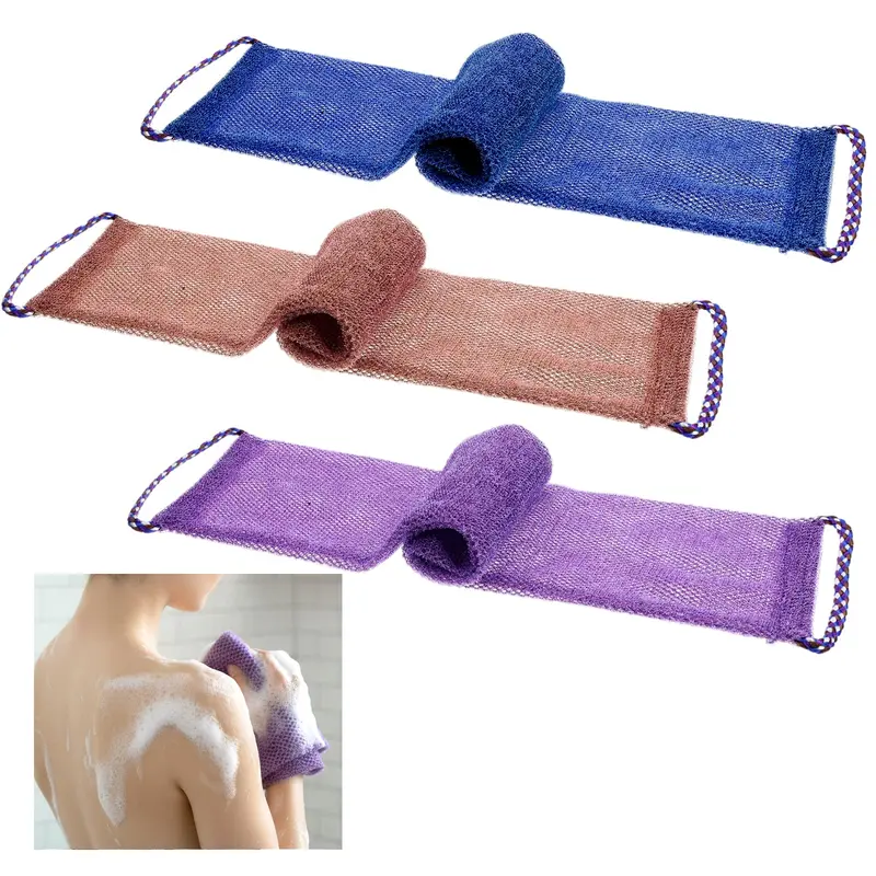 3-Pack African Net Sponge Bathroom Accessory - Dual Handle Design, Dense Net Structure, Deep Cleaning, Fast-Dry, Exfoliating Back & Body Scrubber, Skin Smoother, Purple+Blue+Coffee, All-Season Exfoliating Body Care, Easy to Clean