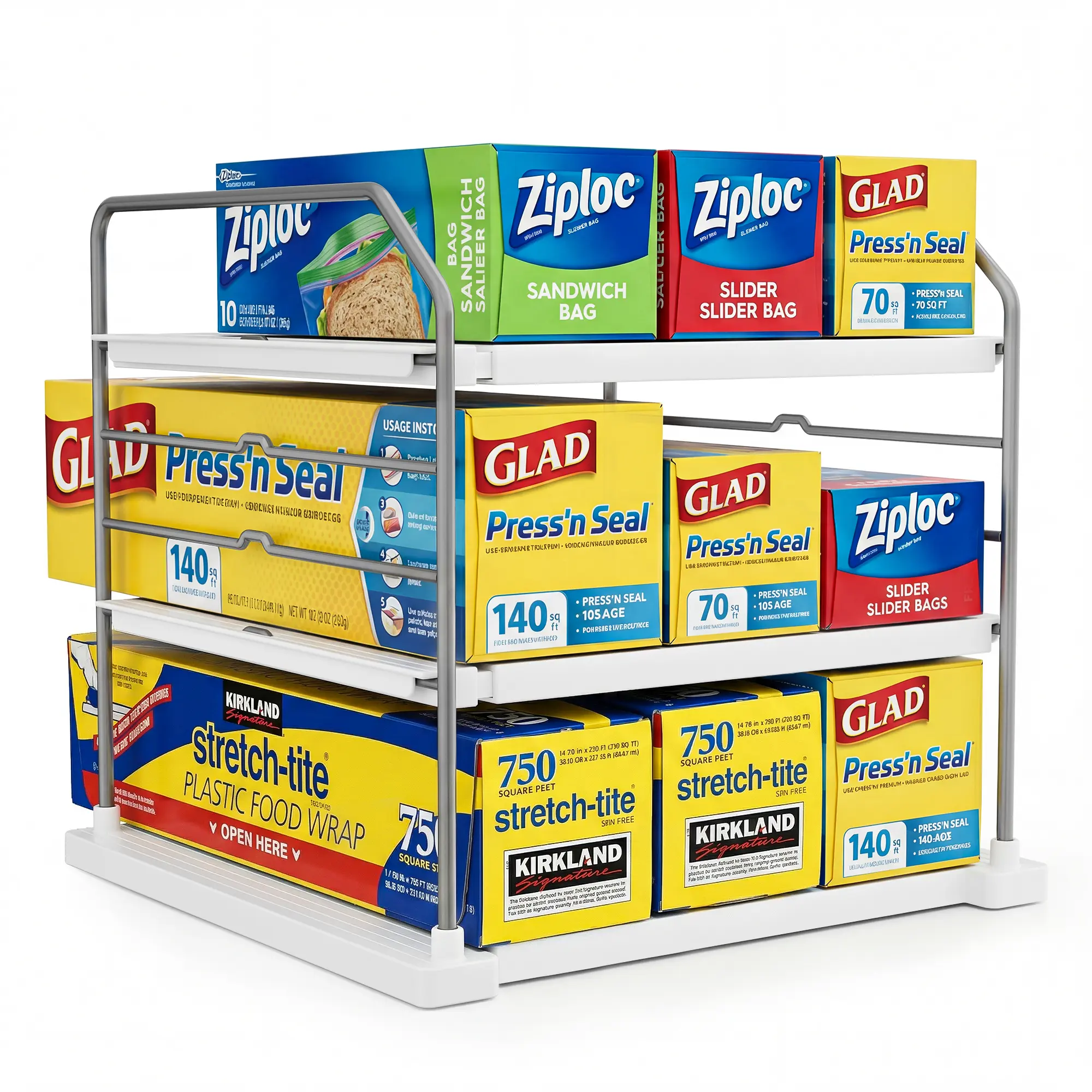 Pantry Cabinet Organizer Shelf – Expandable 3 Tier Rack, Fits Wrap Boxes, Foil & Pantry Essentials, Easy Assembly