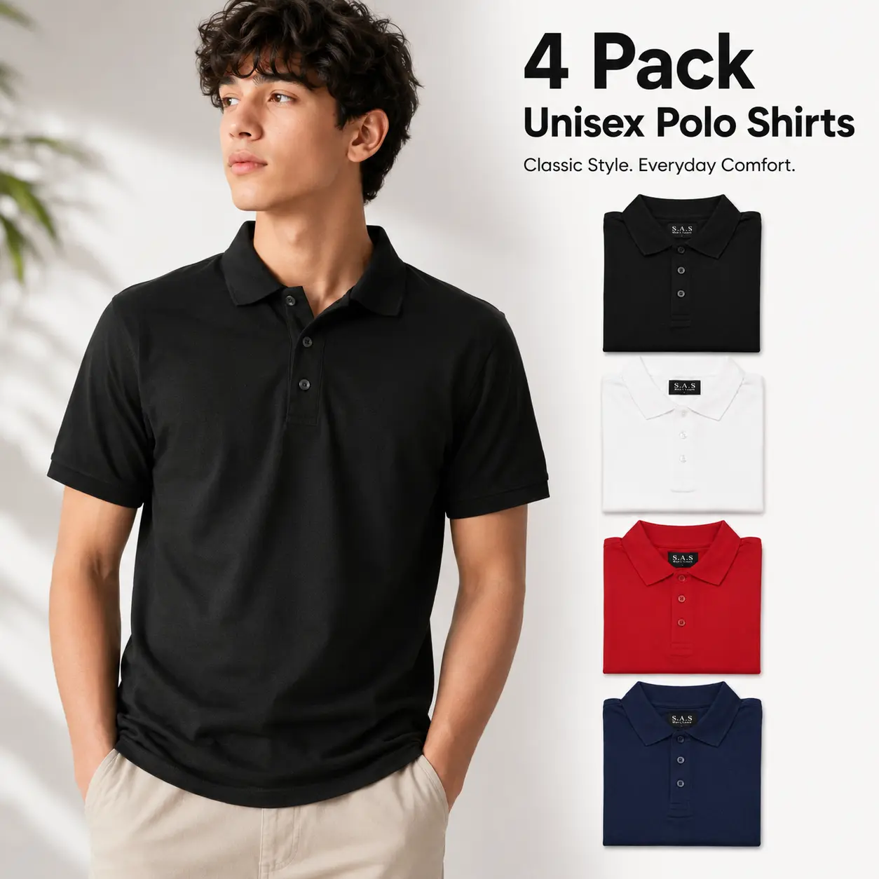 4 Pack Unisex Teen Stretch Polo Shirts - Soft Cotton Spandex School Uniform Tops (Black, White, Red, Navy)