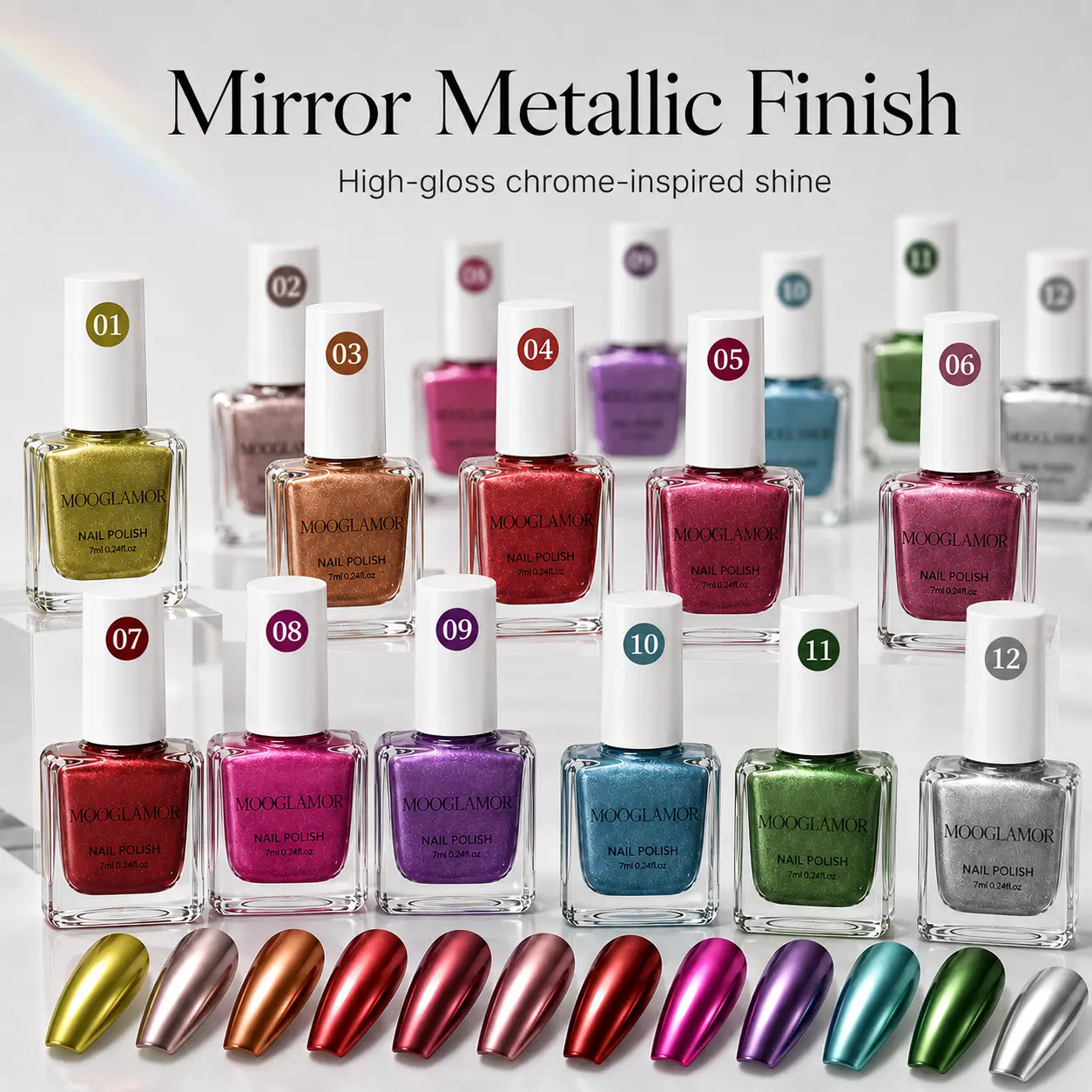 Metallic Nail Polish Set (mg-mj-12p) - 12 Colors, 7-ml Bottles, High-Quality Quick-Drying Chrome Effect, Long-Lasting Convenient, Flat Brush Included, Nail Art Products