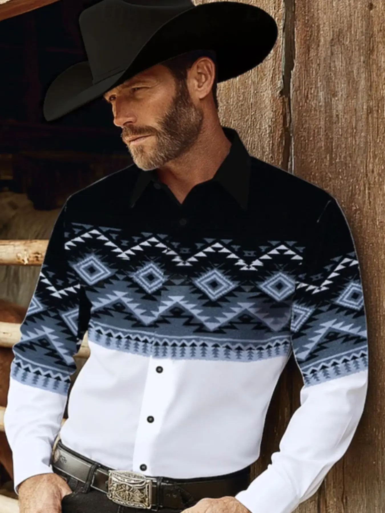 Men's Western Cowboy Style Navajo Geometric Print Long Sleeve Collared Shirt, Vintage Patchwork Colorblock Casual Button Front Top, Fashion Casual Shirt, Casual Wear