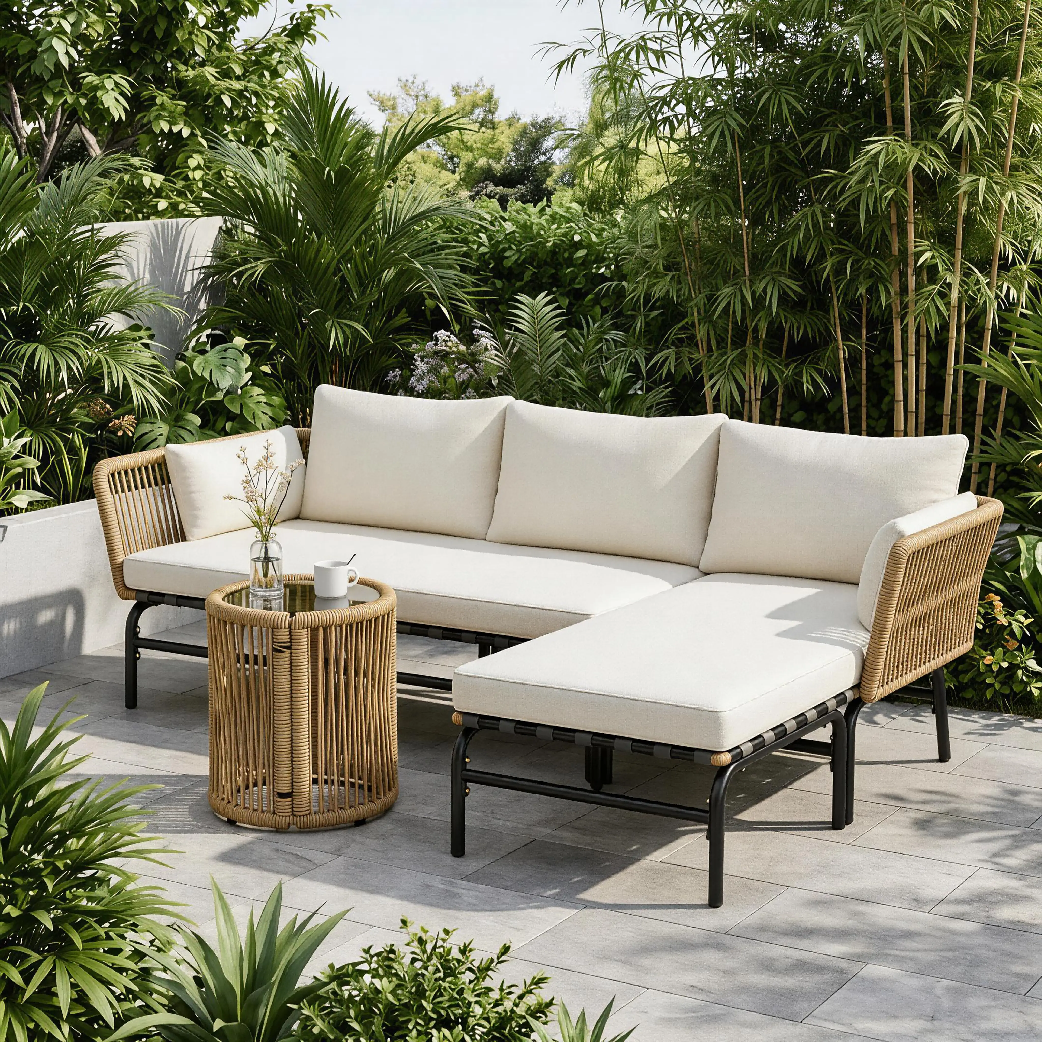 Costoffs 3-Piece Sturdy Rattan L-Shaped Outdoor Patio Furniture Set - Handwoven Rope Mesh Ethnic Set with Foam Cushions, Pillows, Sofa, Lounger, Tempered Glass Table for Backyard, Poolside Use