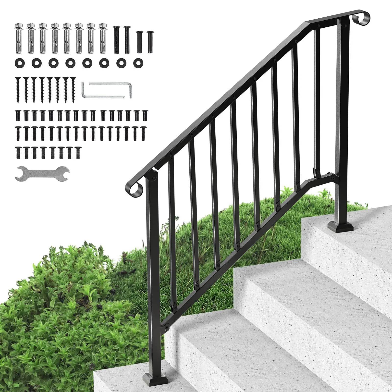 【SummerFinds】VEVOR Handrails for Outdoor Steps,  3-4 Step Stair Hand Rail Kit, Transitional Iron Railings with Installation Kit, Stair Rails for Seniors, Concrete Steps & Porch & Deck, Black Retro Arch