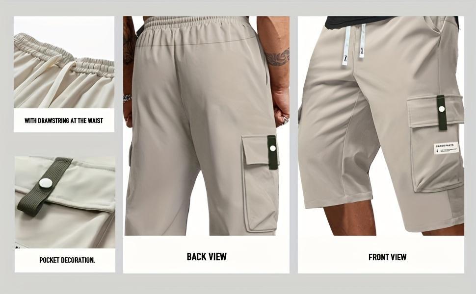 Men's plus size summer work pants - elastic drawstring waist circumference, multiple pockets and letter patches, regular mid waist non elastic fabric, opaque, suitable for daily and casual wear, Father's Day gift casual pants for summer
