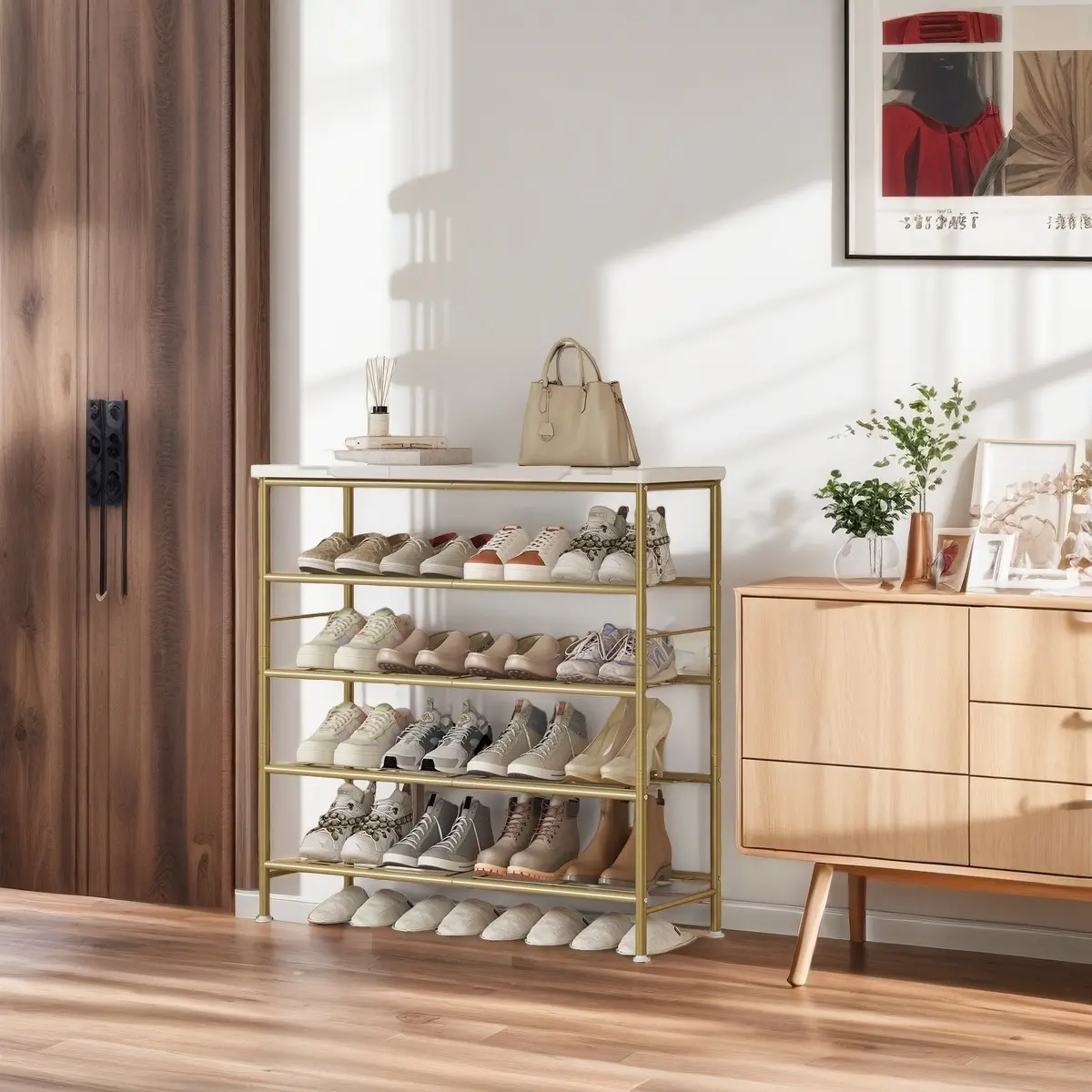 LINZINAR 4 Tier 5 Tier 6 Tier Metal Shoe Rack Organizer with MDF Top Board for Entryway Hallway and Closet Storage Modern Home