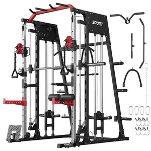 Smith Machine Home Gym, 2200LBS Power Cage with Dual Cable Pulley Systems, LAT Pulldown & Leg Hold-Down | Ultimate Strength Training & Cable Crossover Equipment for Full Body Workouts,Red&Black
