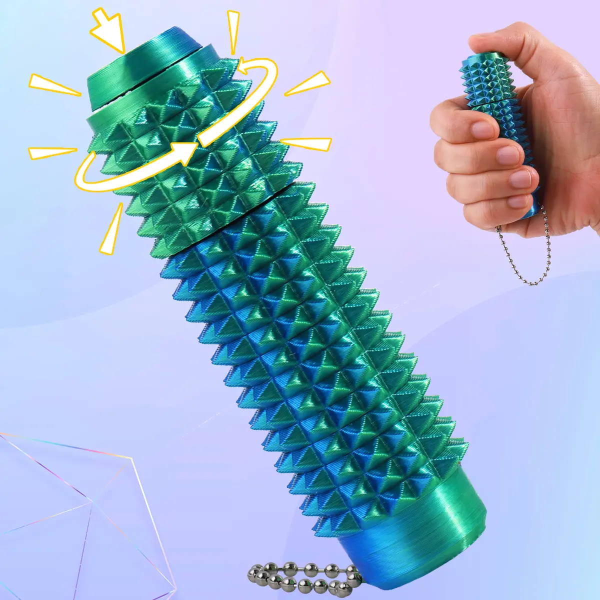 Pain Stim Fidget Toy with Press and Spin for ADHD,SH,3D Printed Portable Spiky Sensory keychain for Anxiety relief,Pocket Stress Relief tool for Foucus and Calming for Adults & Teens (9+)