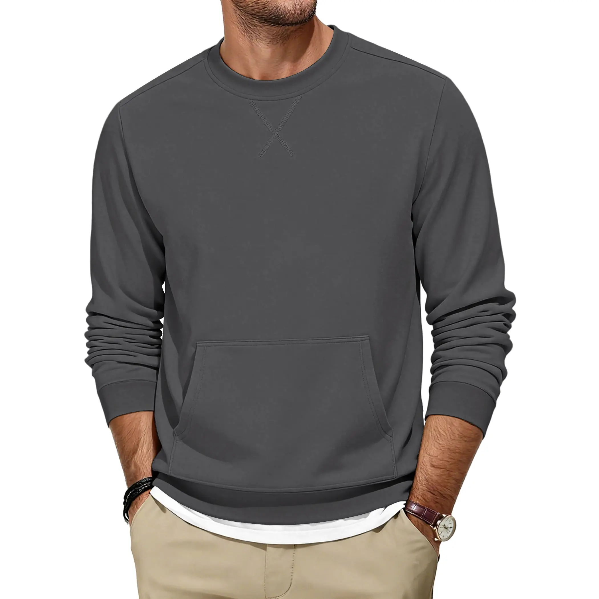 AUSELILY Men's Crewneck Sweatshirt - 2025 New X Decoration, Cotton Plain Casual Soft Sweatshirt, Men's Clothing, Long Sleeve Pullover with Pockets, Elastic Hem, Ribbed Cuffs, Tops, Clothes Products, Sweatshirts