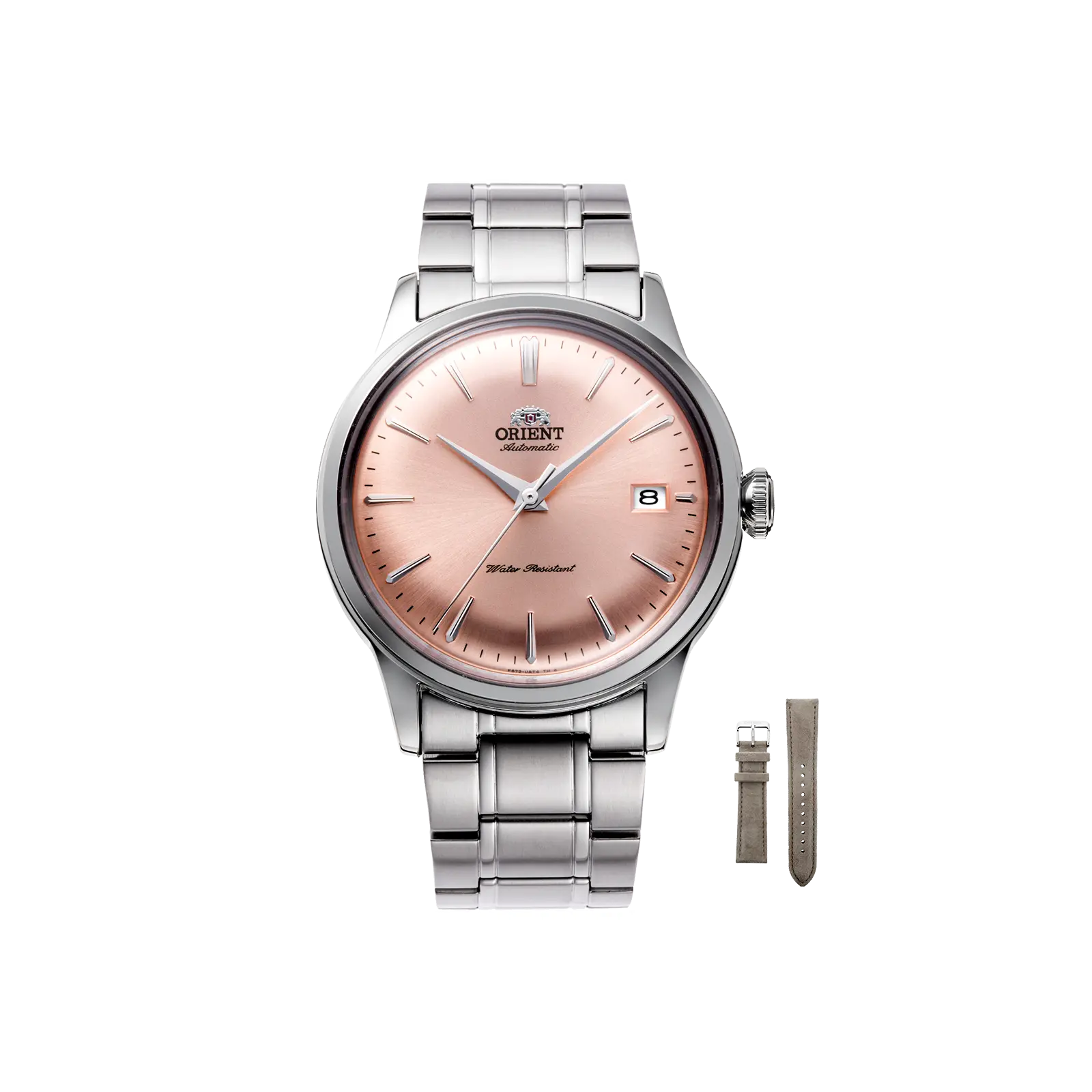 Orient Watch Bambino Version 7 Stainless Steel Wristwatch, 38mm Analog Mechanical Dress Watch with Pink Dial & Extra Suede Strap, Analog Mechanical Watch