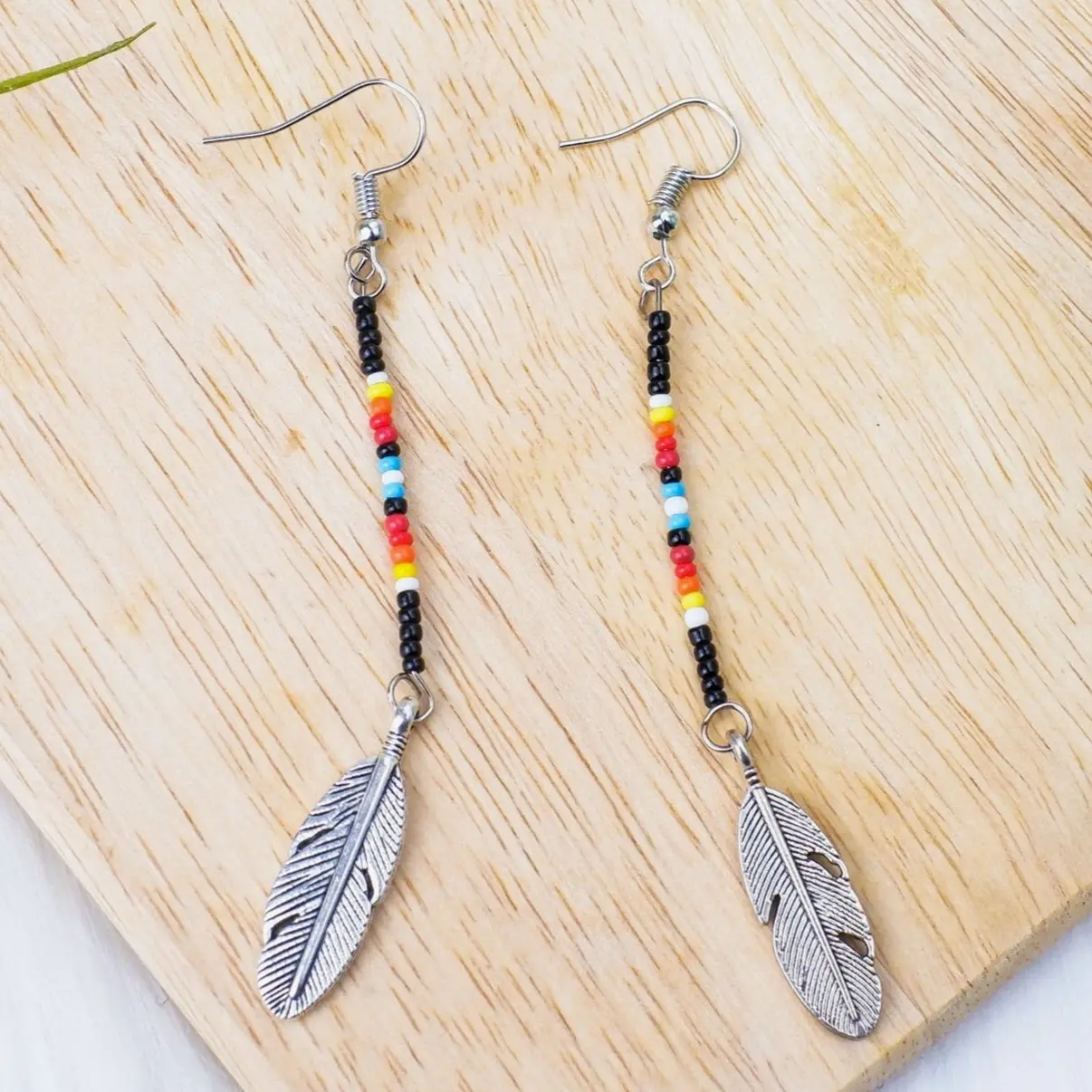 Indigenous Inspired Metal Feather & Bead Earrings - Handmade for Women