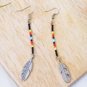 Indigenous Inspired Metal Feather & Bead Earrings - Handmade for Women