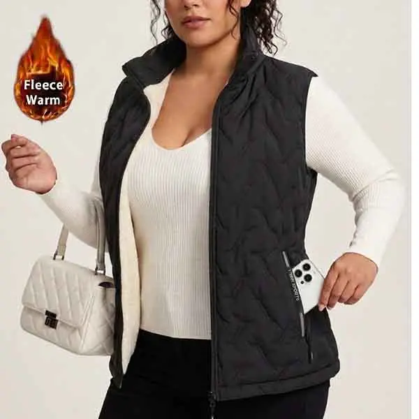 Women’s autumn/winter loose plus-size warm vest with fleece lining, regular fit, polyester zipper design, easy-care casual style, medium-thickness solid cardigan, crewneck zip jacket, women’s top