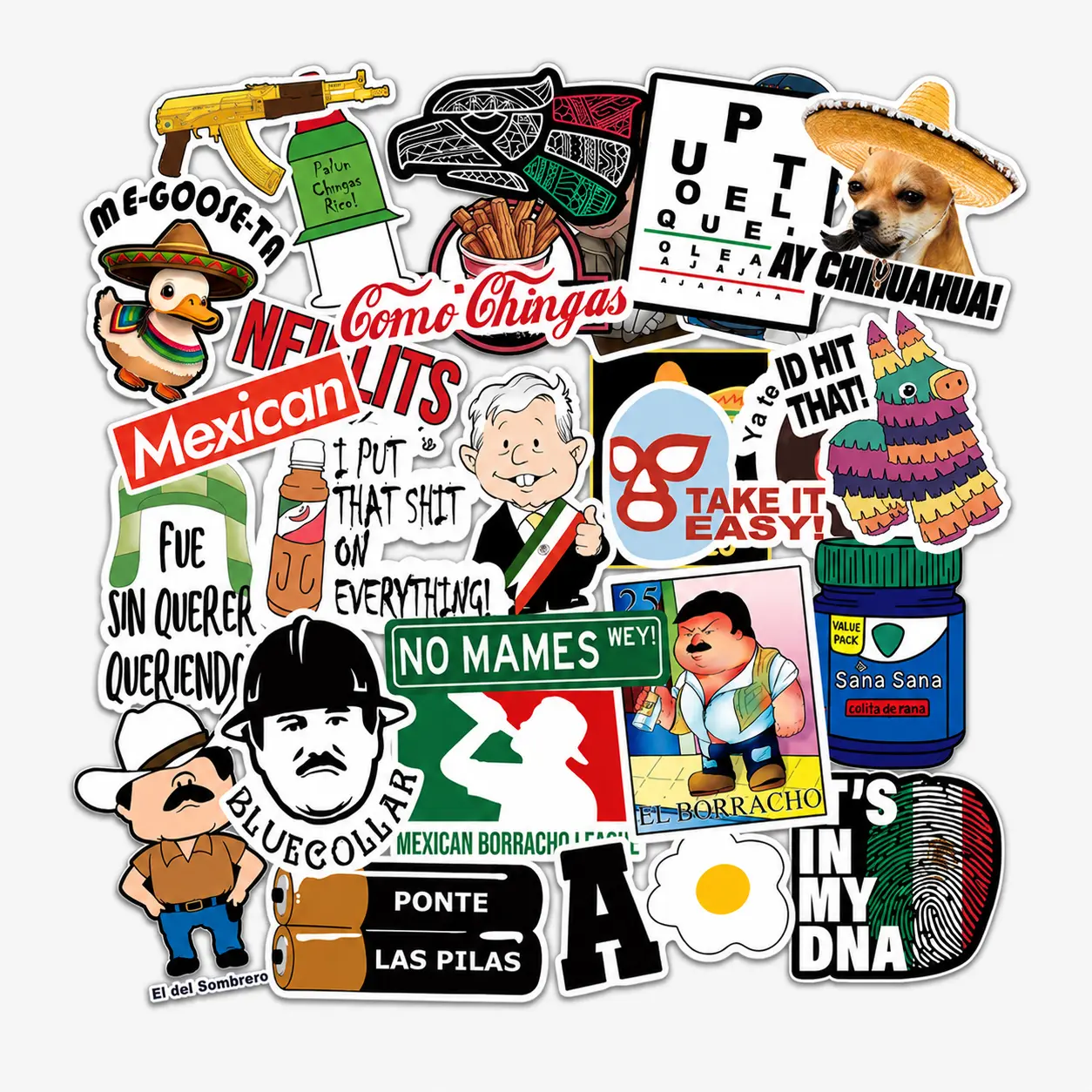30pcs Funny Mexican Humor Stickers, Spanish Vinyl Decals, Waterproof Cartoon Meme Sticker Pack for Laptop, Water Bottle, Hard Hat, Toolbox, Phone, Skateboard and Car Bumper
