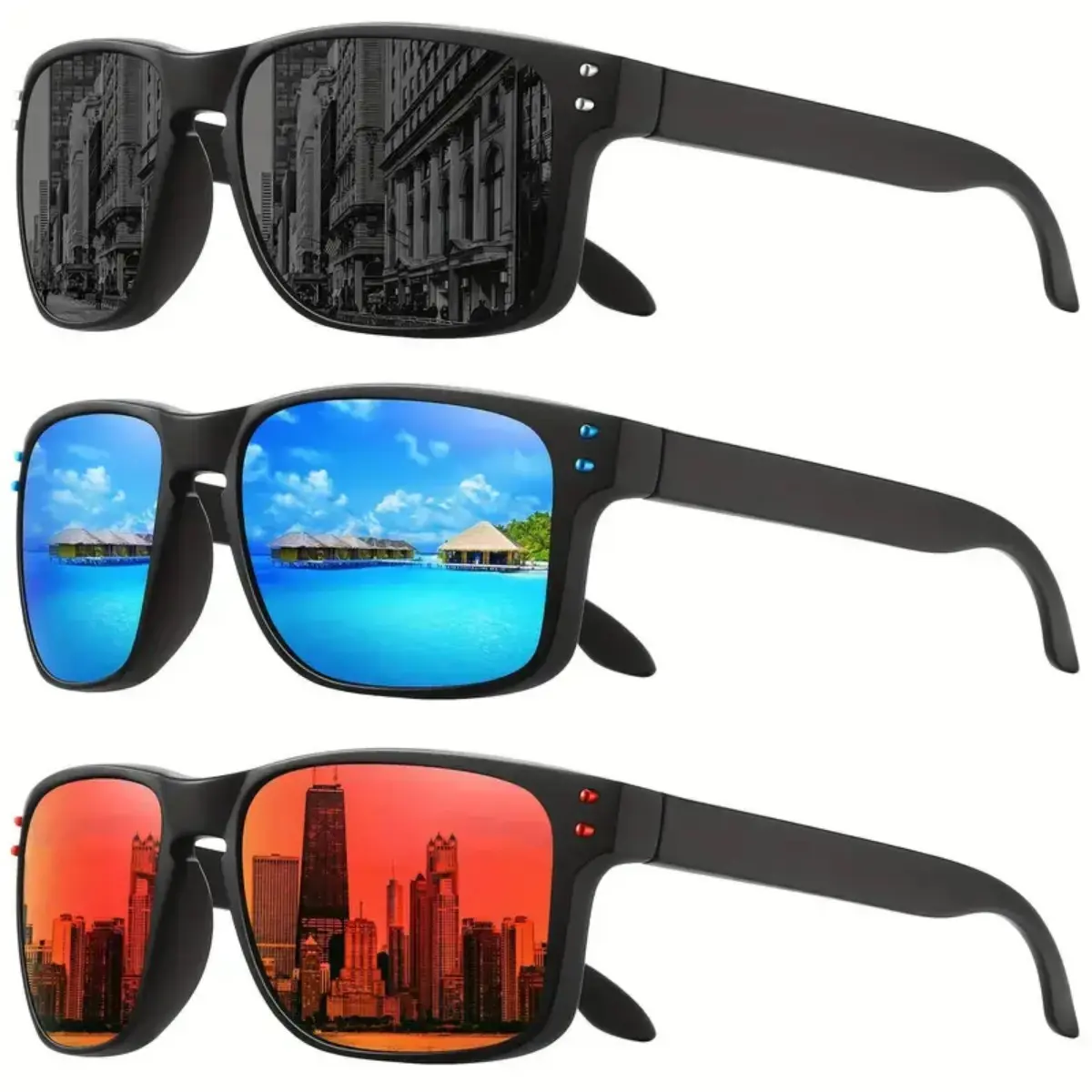 3 Pairs Polarized Sports Sunglasses for Men - UV400 Anti-Ultraviolet Lenses, Anti-Glare Lightweight Durable Goggles, Black/Blue/Red Frames, Stylish Outdoor Eyewear for Running, Cycling, SpringHinge Design, Polarized Glasses, Men's Sunglasses backtoschool