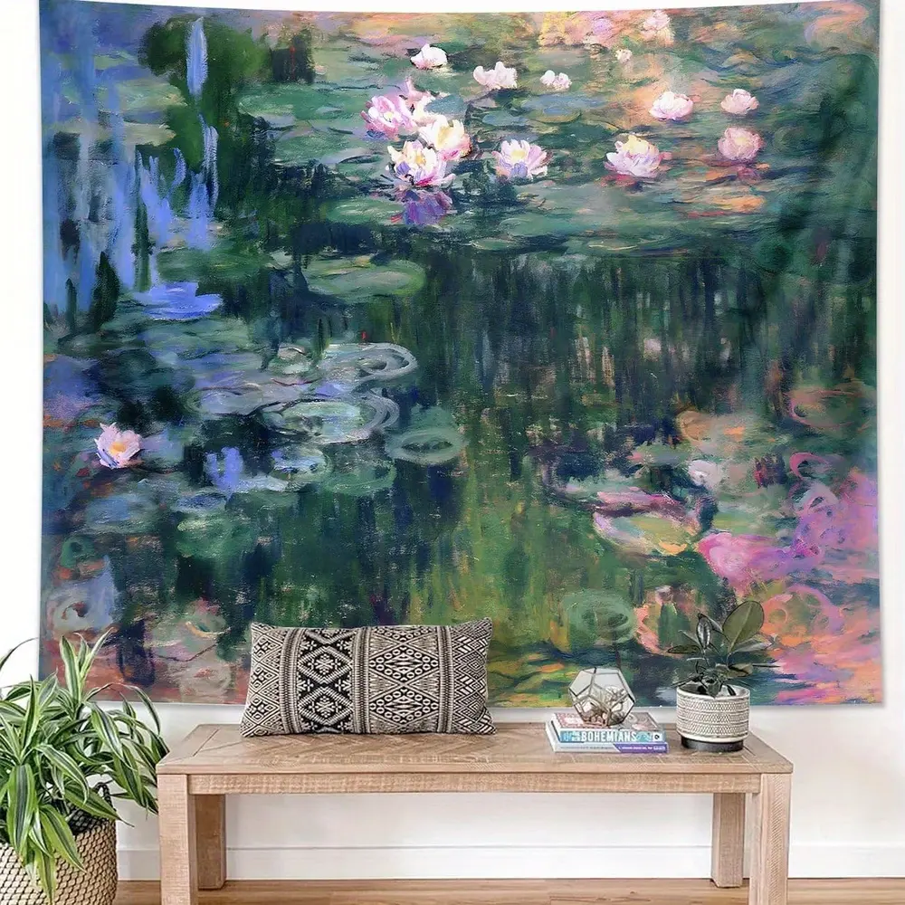 ARTCREATOR Monet Waterlily Wall Tapestry Green Floral Plant for Bedroom, Monet Wall Art Posters for Room Aesthetic, Small Nature Vintage Tapestry for Living Room Dorm