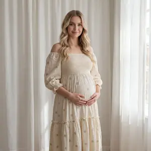 Apricot Daisy Off-Shoulder Ruffle Bohemian Maternity Photography Maxi Dress for Special Occasions & Maternity Photoshoots