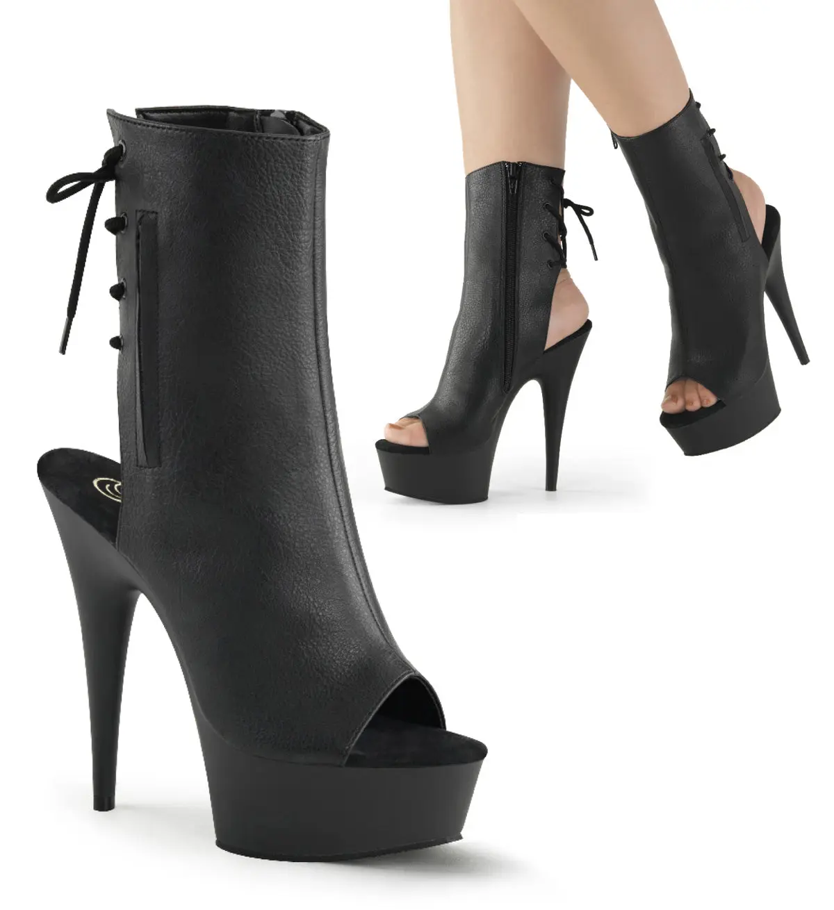 Pleaser Delight-1018 Women's Ankle Boot Footwear - Black Vegan Leather Lace-Up Shoe, All-Season Wear, Ankle Height Design, Black Vegan Leather/Black