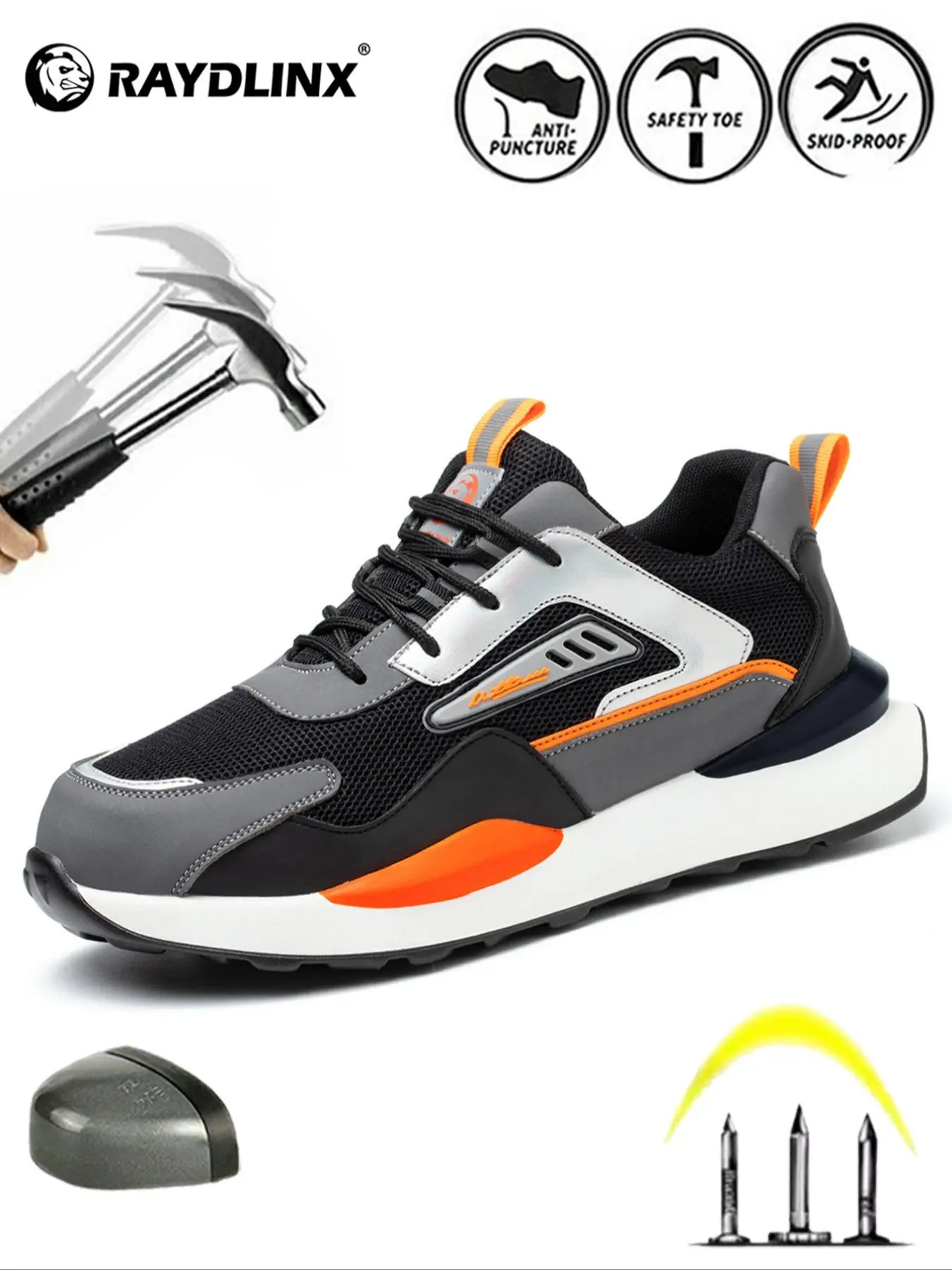 Men's Color-block Lace Up Front Mesh Breathable Steel Toe Trainers Steel Toe Sneakers Safety Shoes, Working Shoes, Lightweight Comfortable Anti-slip Work Shoes Steel Toe Footwear