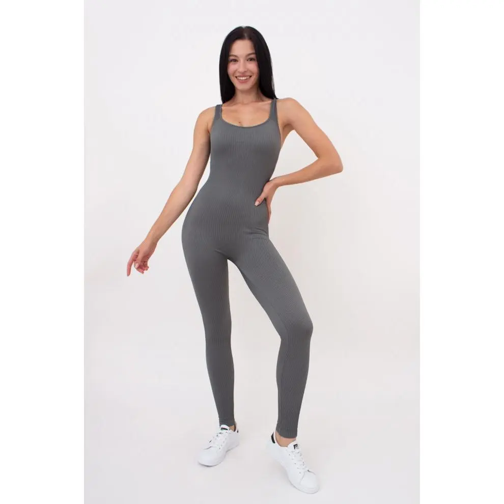 Seamless Ribbed Scoop Neck Unitard Jumpsuit in Dark Gray