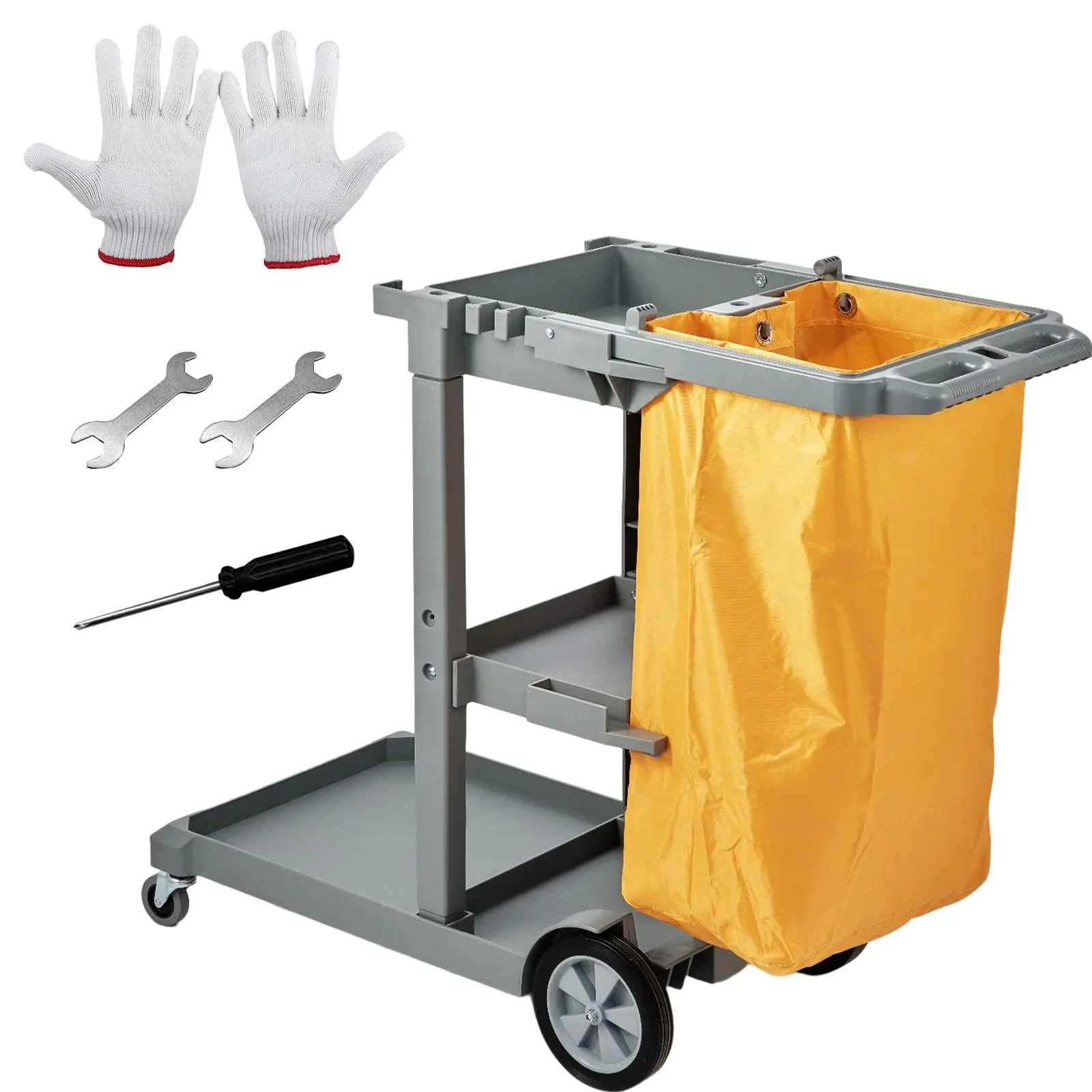 【SummerFinds】VEVOR Cleaning Cart,  3-Shelf Commercial Janitorial Cart, 200 lbs Capacity Plastic Housekeeping Cart, with 25 Gallon PVC Bag, 47" x 20" x 38.6", Yellow+Grey