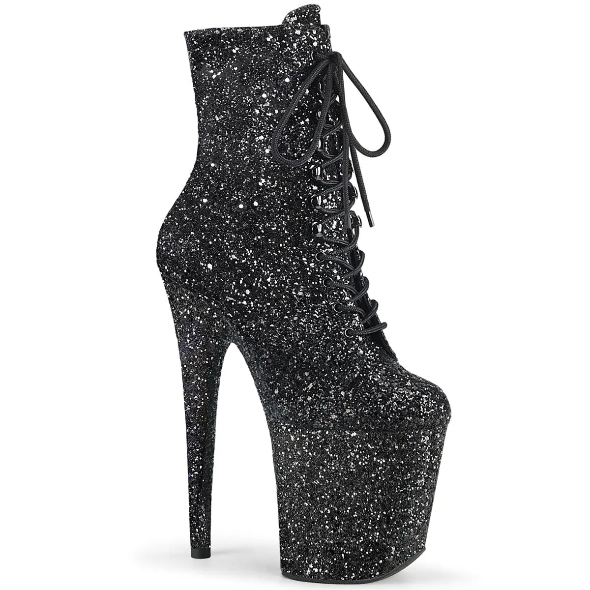 Pleaser Ankle Boot for Women, Glitter Lace-Up Platform with 8" Heel and Wrapped Sole for Evening Wear, Shoe, Footwear, Statement Shoes, Ankle Height, Glitter Finish, All Seasons