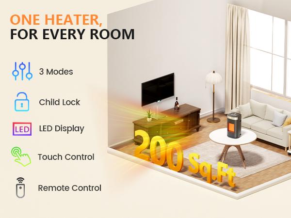R.W.FLAME 1500W Space Heater, Fast Heating & Energy Saving Portable Electric Heater with Remote, 5 Modes Adjustable Thermostat 24H Timer, Safe Quiet for Bedroom Office Home Use