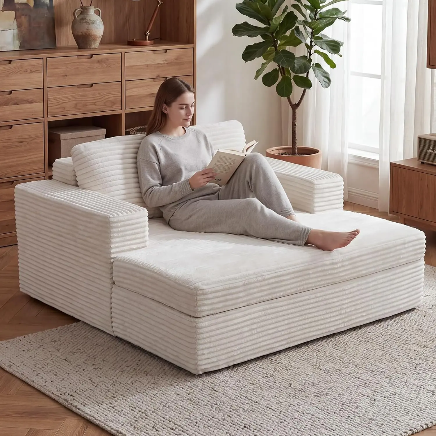 [DealsForYouDays] EBELLO Boneless Chaise Lounge, Upholstered Sofa Bed with Throw Pillows and Armrests, Couch Sectional, No Assembly Required, Indoor Sleeper Chair- Luxurious Plush Corduroy Chair Bed for Living Room Foam Comfy