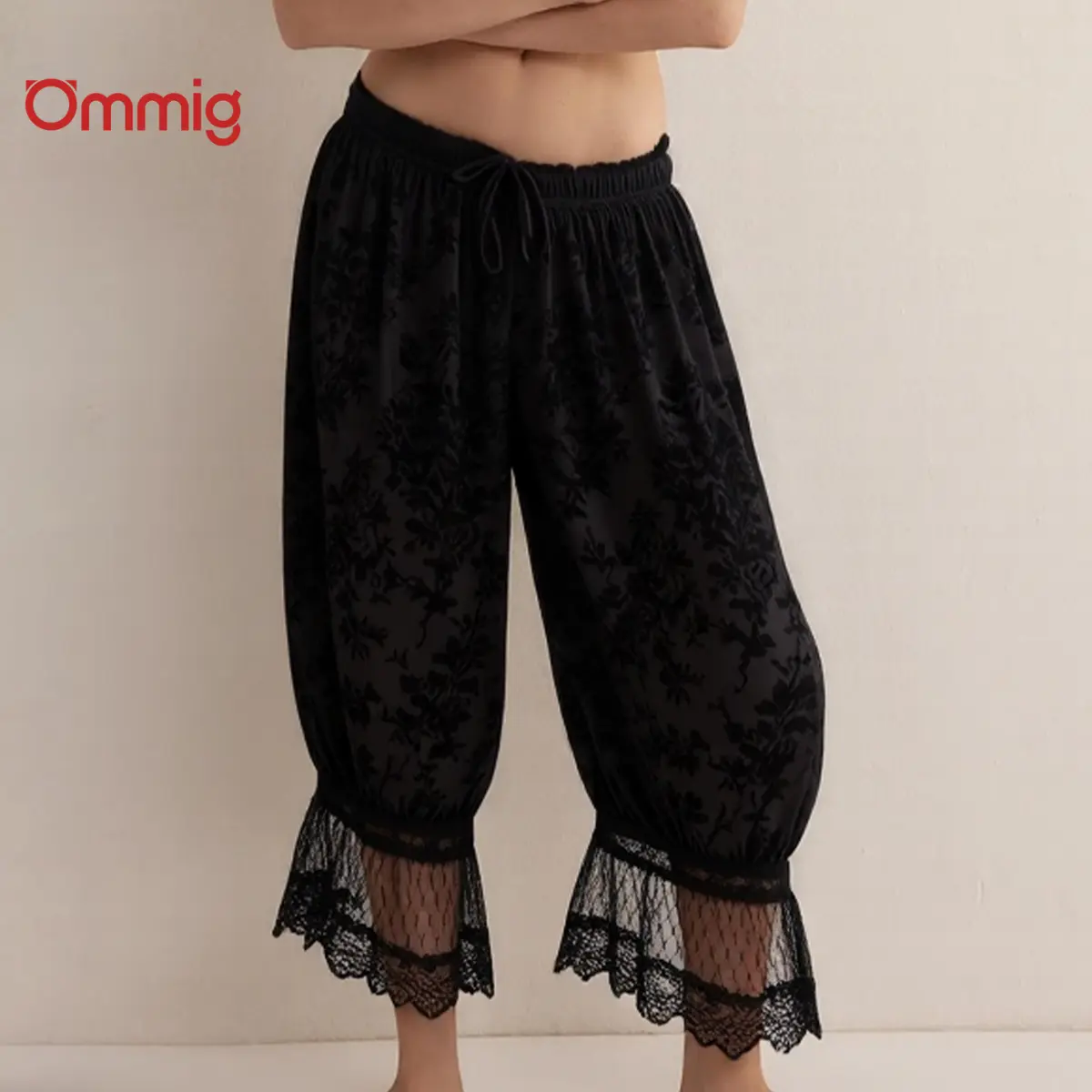 Ommig Women's Velvet Baggy Lantern Bell Bottom Pants - Boho Floral Sheer, Lace Ruffles, Lightweight Elegant Casual Fashion Holiday Bottoms, Casual Fashion Pants, Wide, Lantern Pants