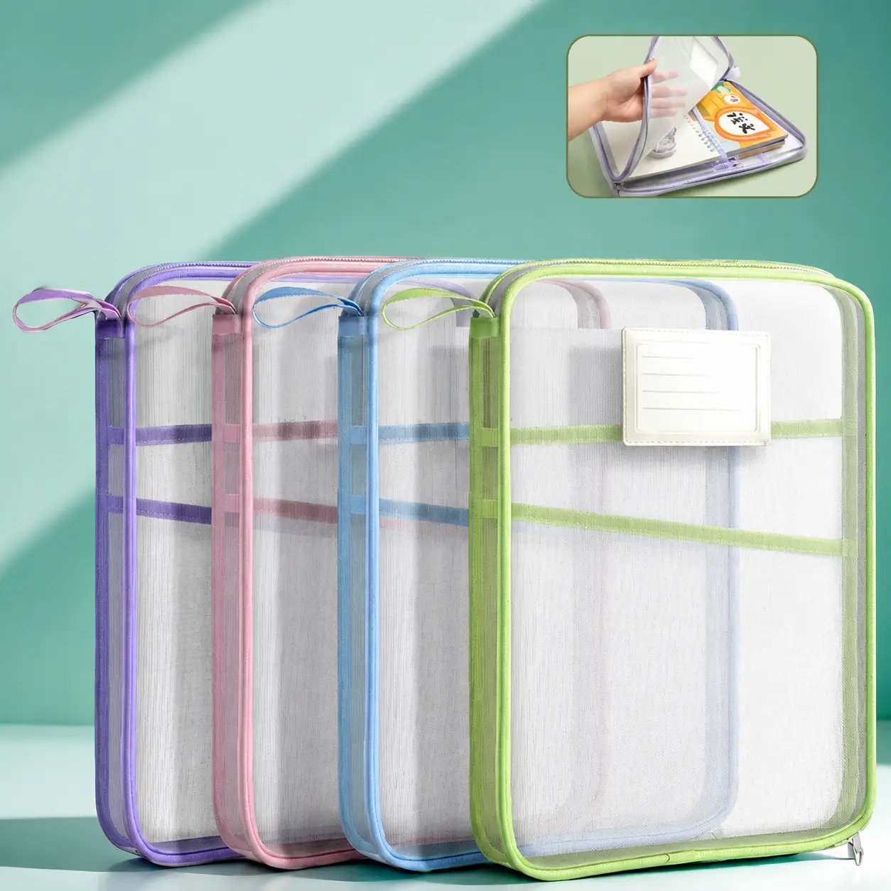 4-pack mesh zippered storage bags,12.26x 9.1 x 1.6  cm transparent document bags, multi-layer A4 size document bags, with shoulder straps, suitable for office, home and educational use, available in pink and purple.