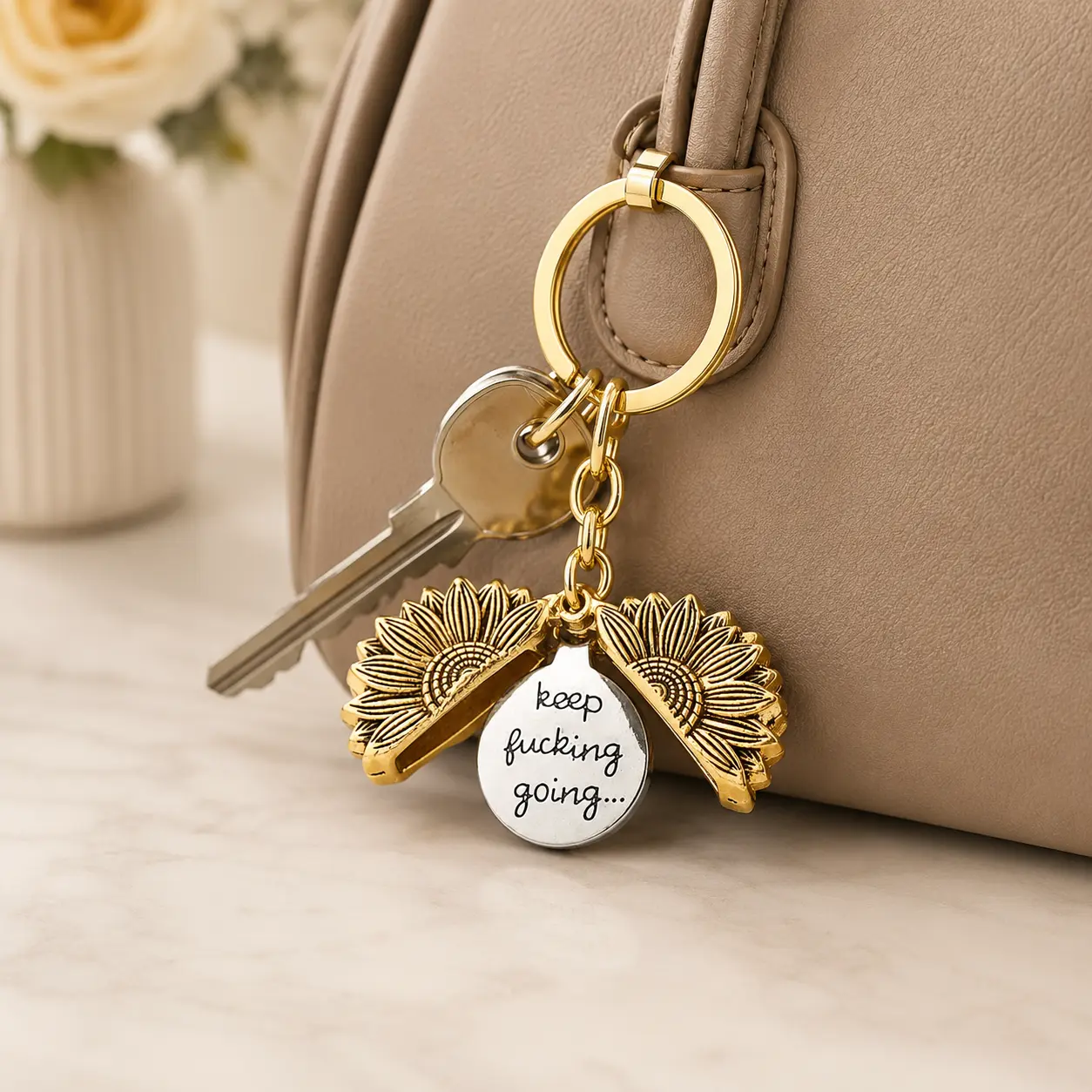 Sunflower Keychain Keep Fucking Going Keychain Motivational Sunflower Keyring Inspirational Keychain for Women Everyday Use Gift