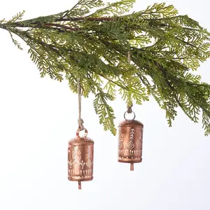 Boho Painted Antique Copper Rustic Farmhouse Metal Bell Ornament with Jute Set of 2