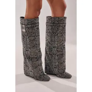 AZALEA WANG CAPRICORN RHINESTONE SNAKE PATTERN WEDGE FOLD OVER BOOT