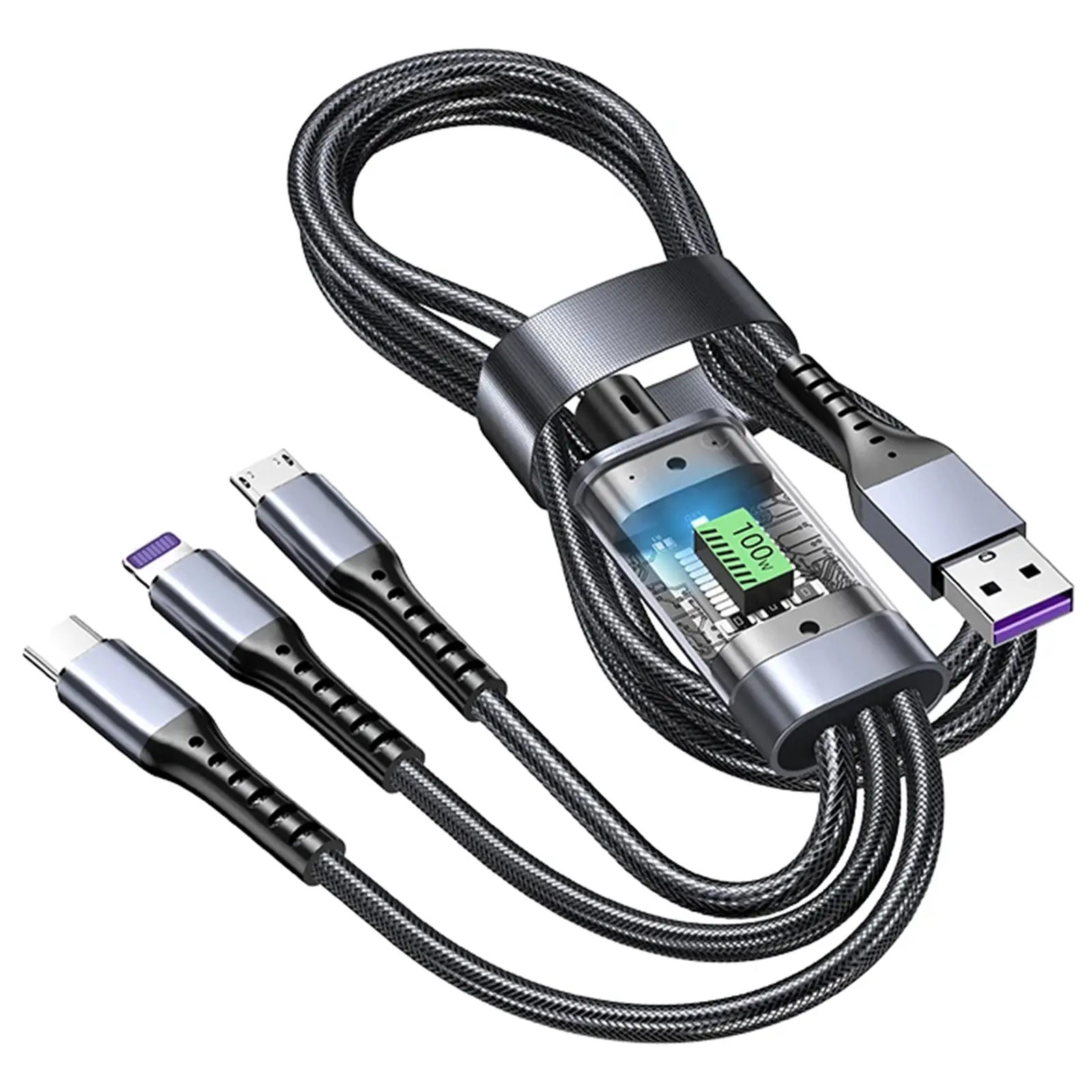 3 in 1 Fast Charging 4FT USB Cable, Transparent Luminous 100w Super Fast Charging Cable with LED Indicator, Durable Nylon braiding, Compatible With iPhone 14 13, Samsung, LG, Google Xiaomi Cellphone smartphone and more Type-C devices