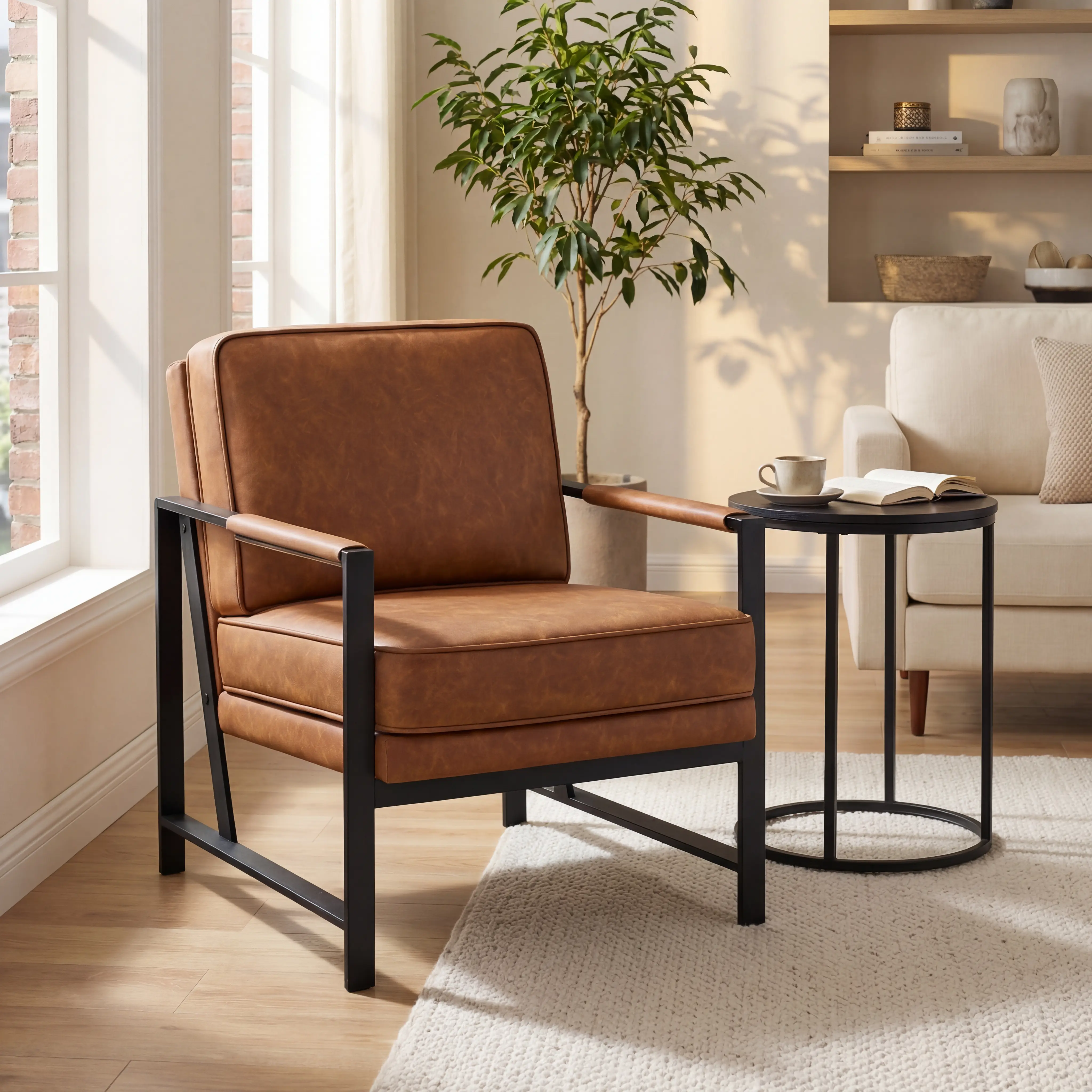 Costoffs Faux Leather Mid-Century Accent Chair - Modern PU Upholstered Chair with Metal Frame, Removable Pillow for Living Room, Bedroom, Faux Leather Chairs, Modern Upholstered Chair