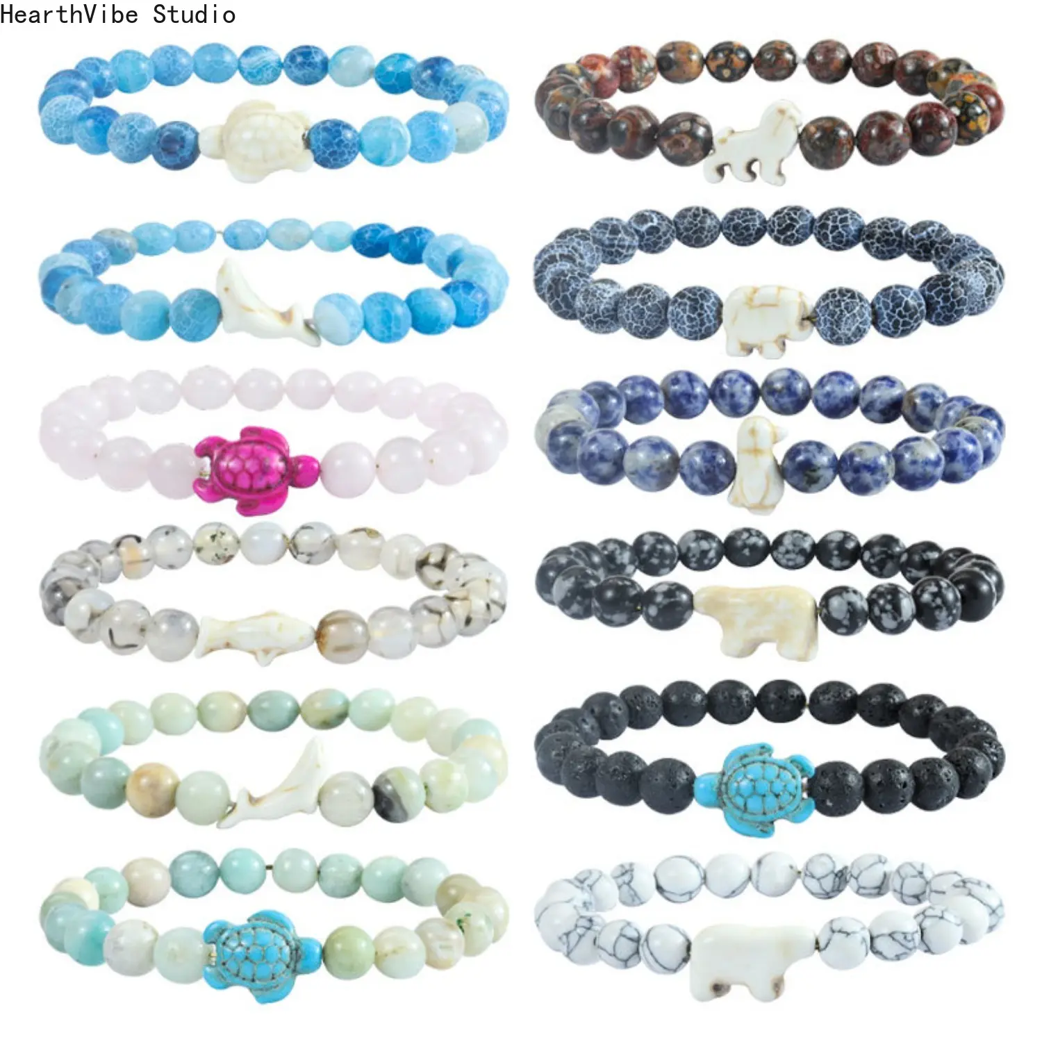 Natural Stone Beaded Stretch Fit Bracelet - Unisex Wear Sports Wristband with Sea Turtle, Elephant, Shark Animal Beads for Animal Tracking