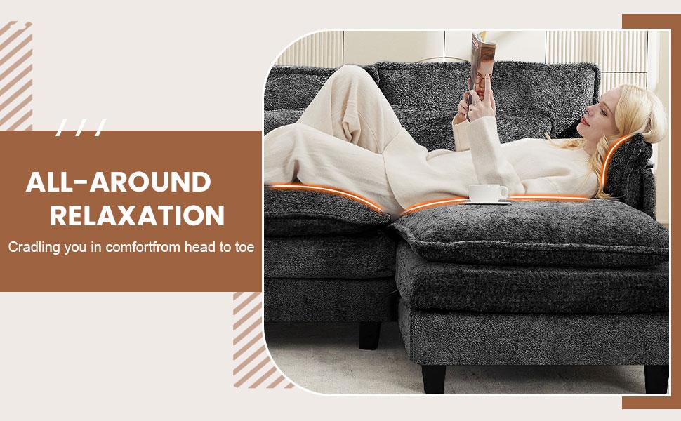 【3 Packages】110" U Shaped Couch,Modular Sectional Sofa with 4 Waist Pillows,Sleeper Deep Seat Couch with Double Chaise Lounge & Memory Foam for Living Room