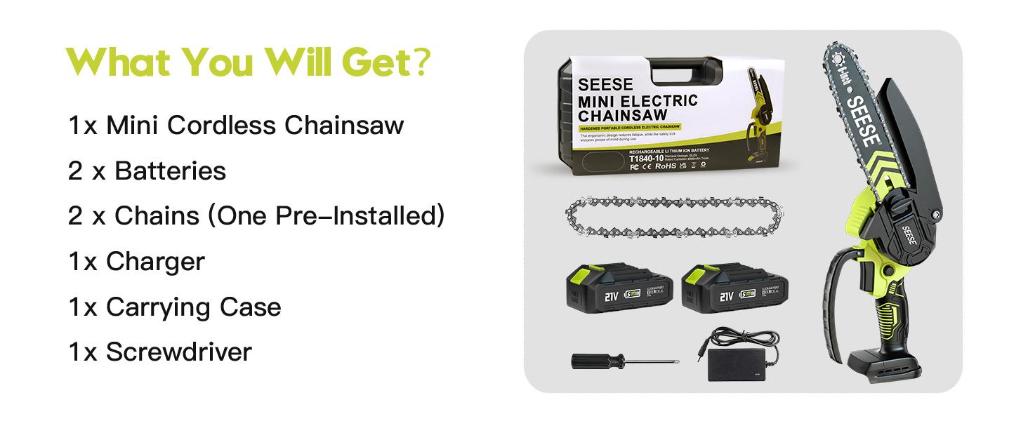 SEESE Brushless Mini ChainSaw - Portable Electric Cordless Saw for Wood Cutting, Batteries (2000mAh) ,Pruning, Gardening, Camping - Suitable for Seniors, Women