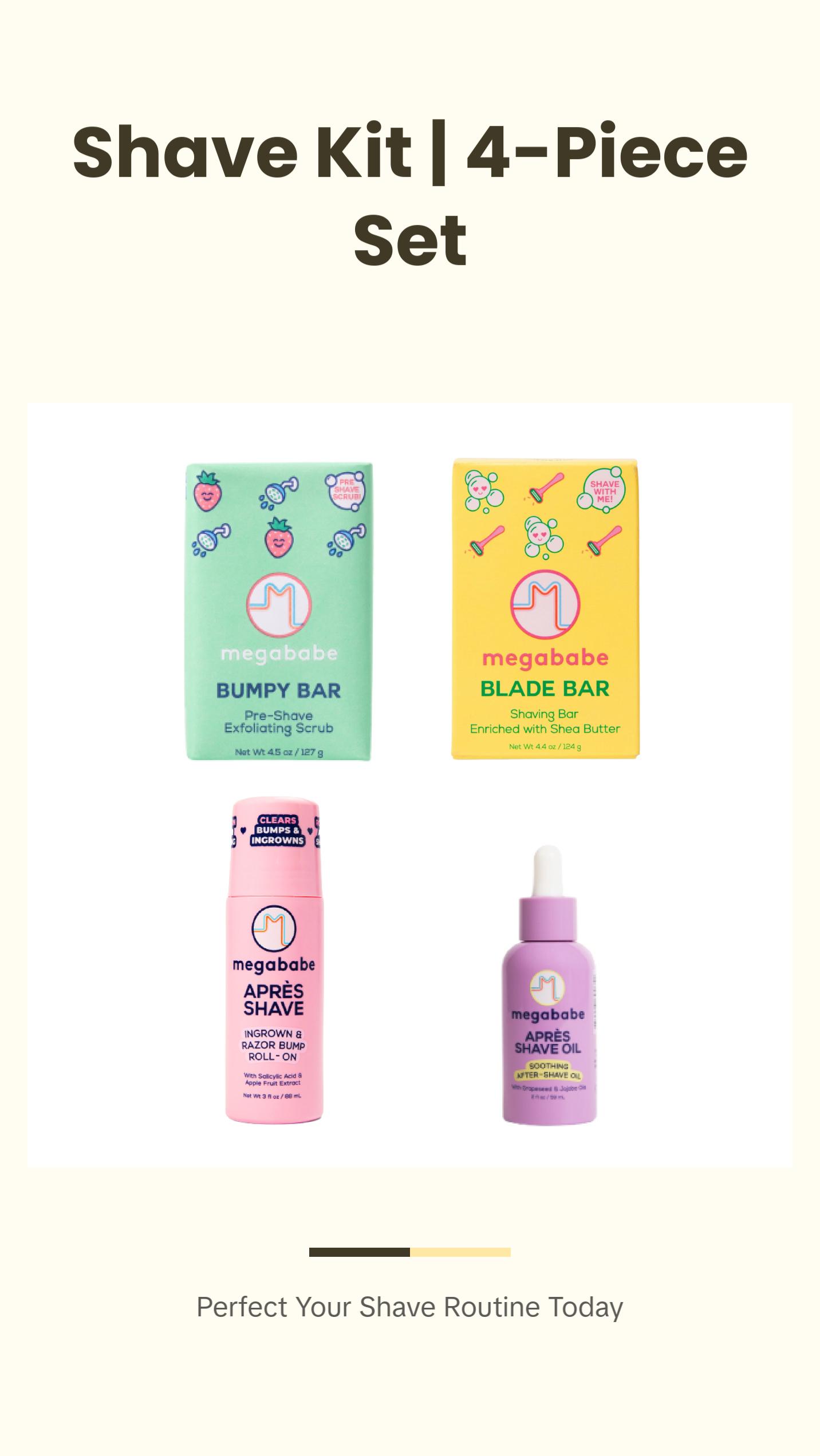 Megababe Shave the Day Kit | 4-Piece Shave Set for Smooth, Bump-Free Skin | Includes Bumpy Bar, Blade Bar, Après Shave, Après Shave Oil | Great for Sensitive Skin | TSA-Friendly Sizes