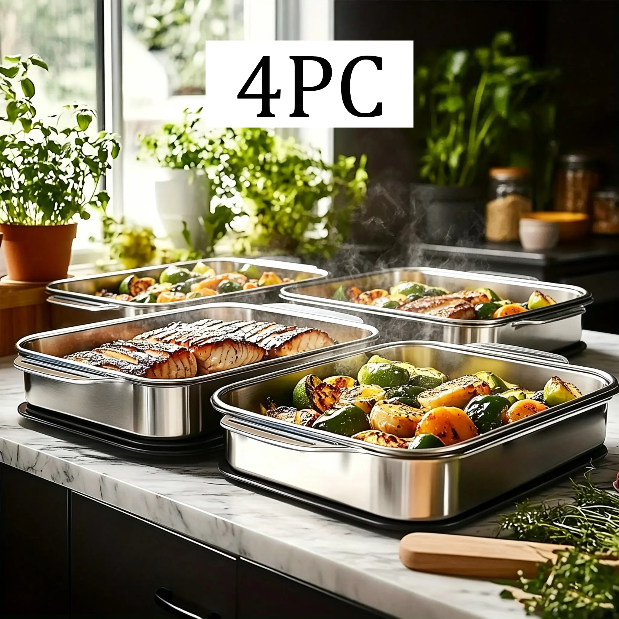 Stainless Steel Durable Bakeware Set - 4pc Extra Large Nonstick Thick-Bottomed Rectangular Oven-Safe Cake Tins with Lids, Grill-to-Serve for Desserts, Grilling, Mother’s Day Gift