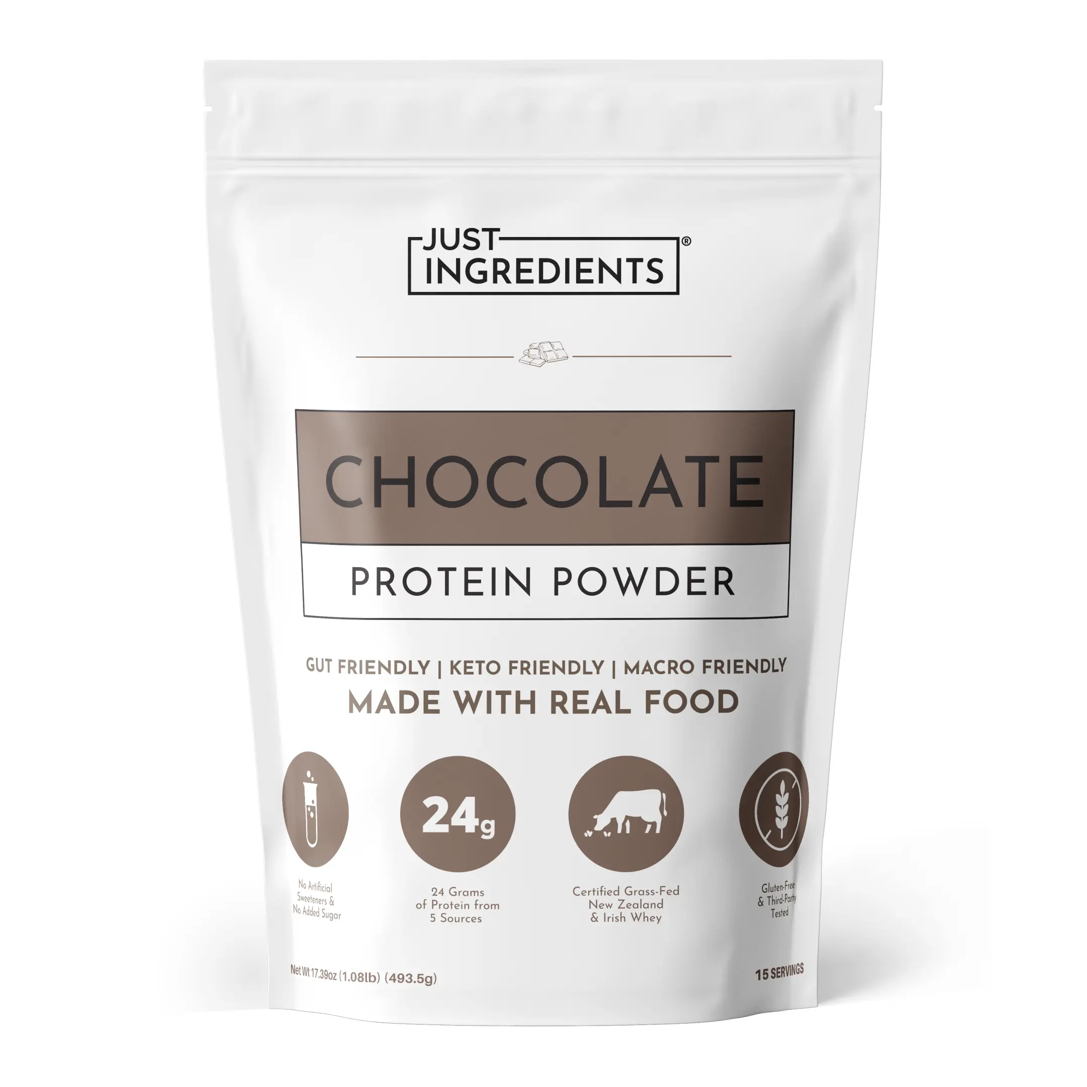Just Ingredients Chocolate Protein Powder – 15-Serving Blend with 100% Grass-Fed Whey & Organic Plant Proteins – Rich Cocoa Flavor – Supports Muscle Recovery, Energy & Satiety* – No Artificial Sweeteners or Fillers