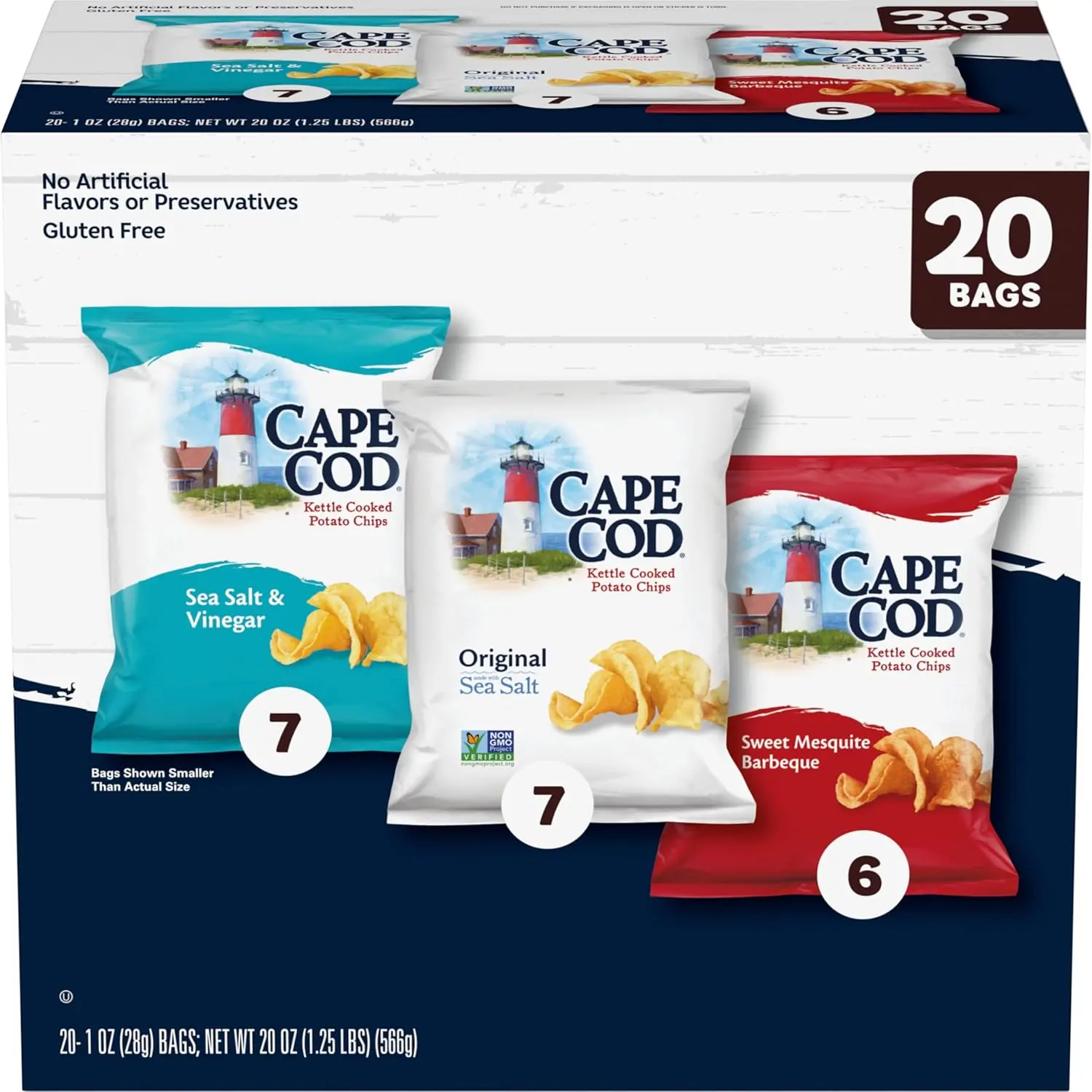 Cape Cod Potato Chips Variety Pack - Salted Crunchy Snack for All Ages, 20 Count 1 Oz Bags (1.25 lbs Total), 1.25 Pounds