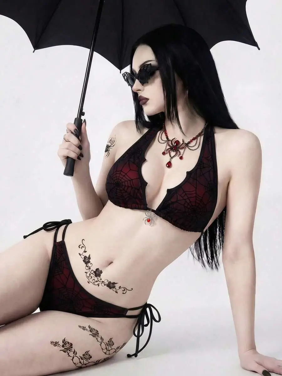 SHANIAH Women Beach Outfit Gothic Punk Spider Web Flocked Mesh Bikini Set With Pendant Asymmetrical Halter Top Hollow Out Bottoms Summer Beach Party