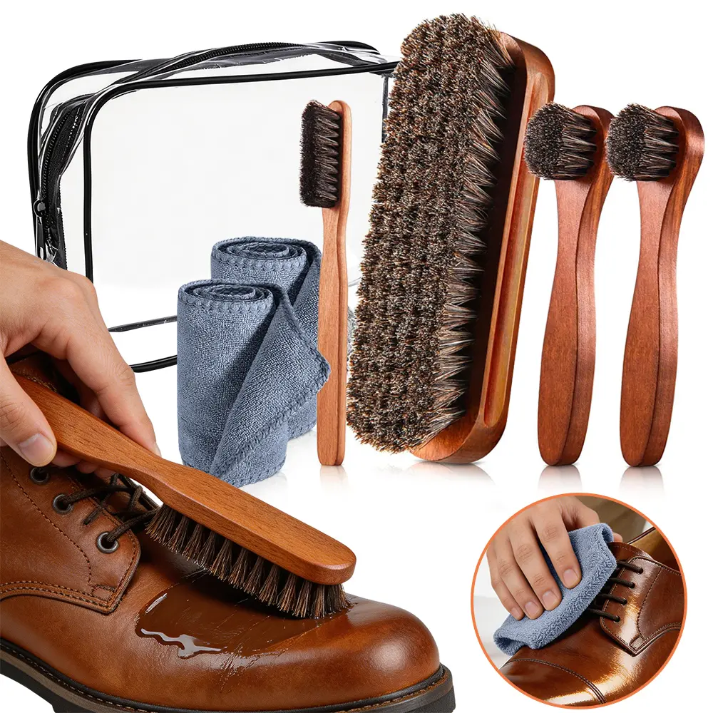 7 Pcs Horsehair Shine Shoes Brush Kit Polish Dauber Applicators Cleaning Leather Shoes Boots Care Brushes Suede Cleaner Brush with Microfiber Shoe Cloth