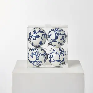 Blue & White Delft Chinoiserie Glitter Printed Shatterproof Holiday Christmas Tree Ornament Ball - Set of 4