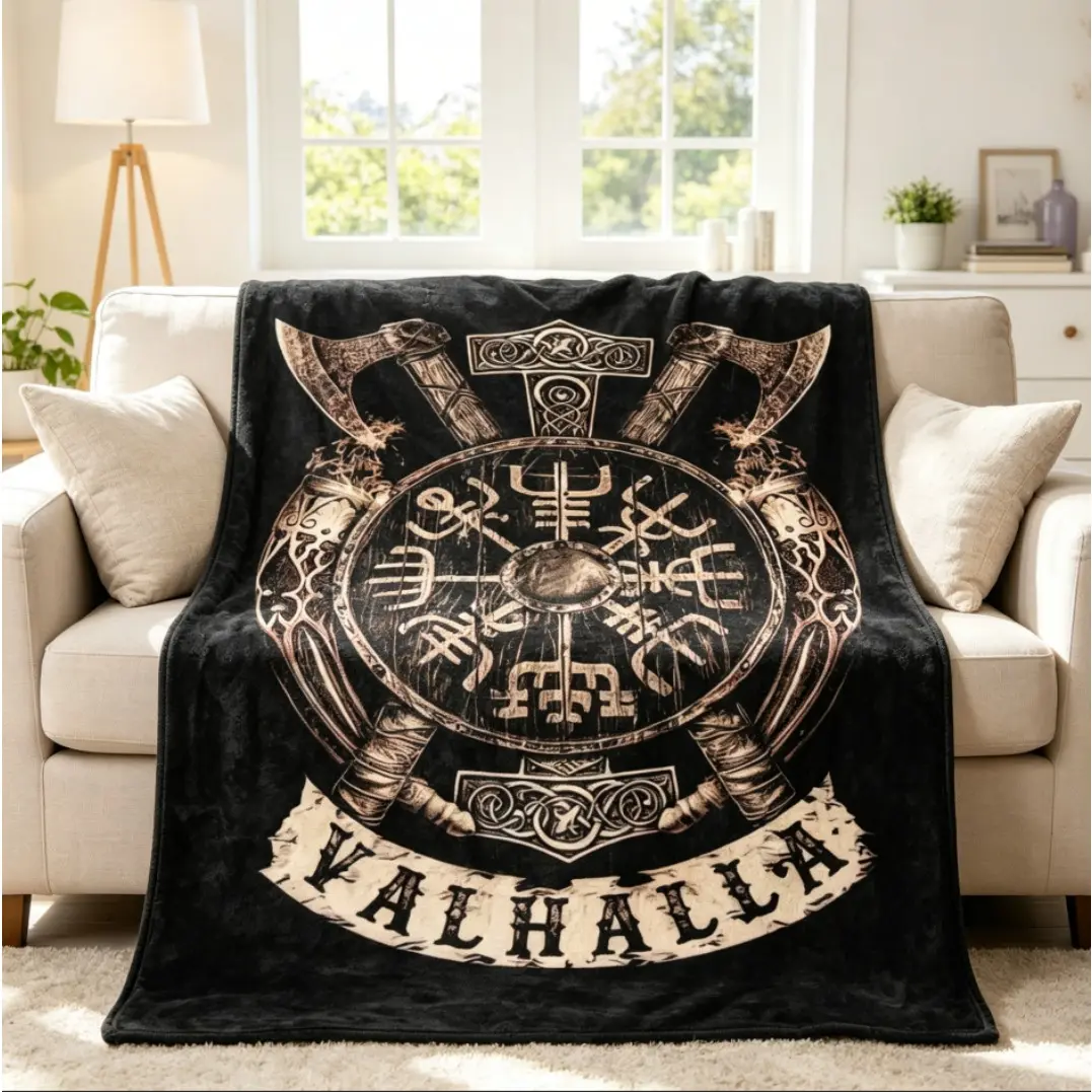 Viking Valhalla Pattern Flannel Blanket, Soft Warm Throw for Home, Office, Travel, Camping, Air-conditioned Room, Nap Blanket, All-Season Cozy Throw, Perfect Gift Adult Children's Blankets