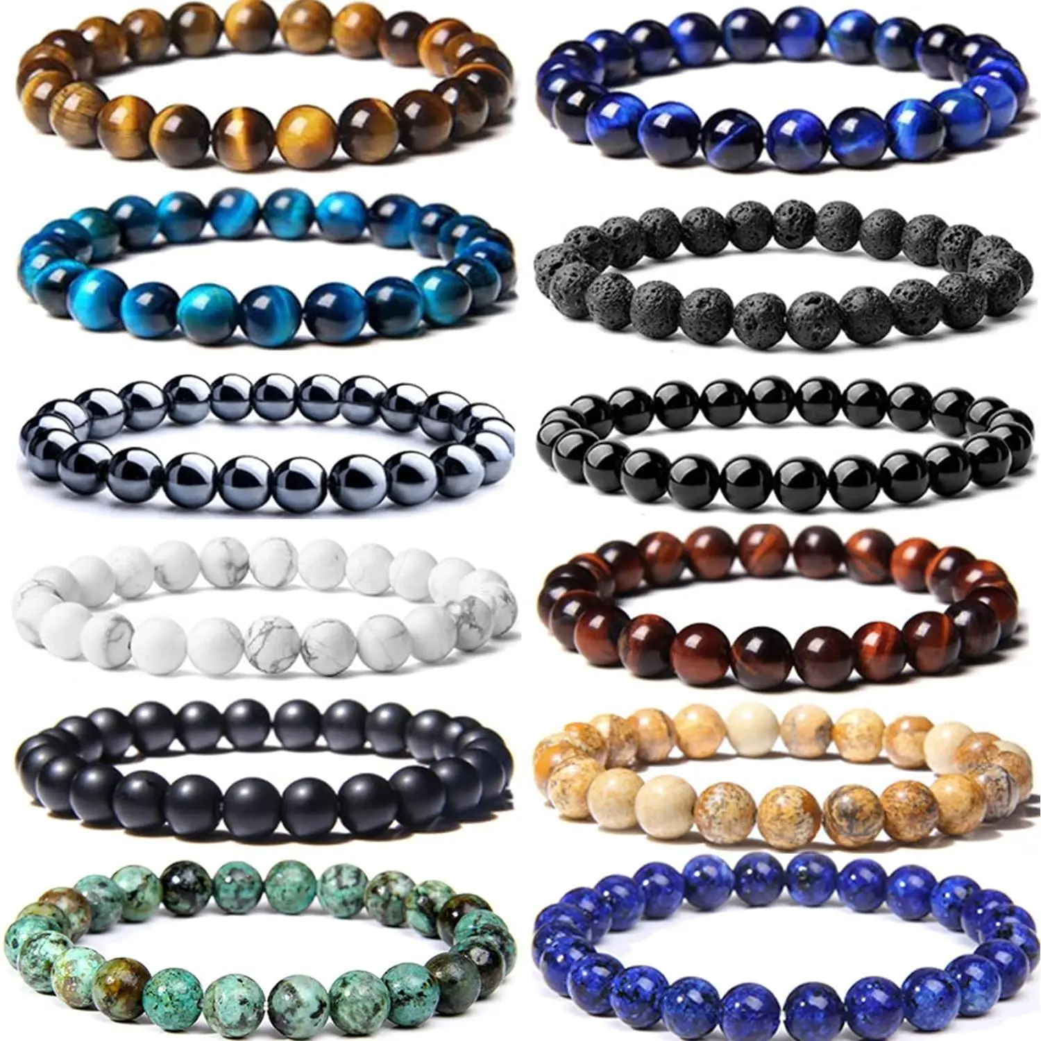 12-Piece Healing Crystal Bracelet Set, 8mm Natural Stone Bead Bracelets for Men & Women with Tiger Eye & Lava Rock, Exquisite Trendy Bracelet