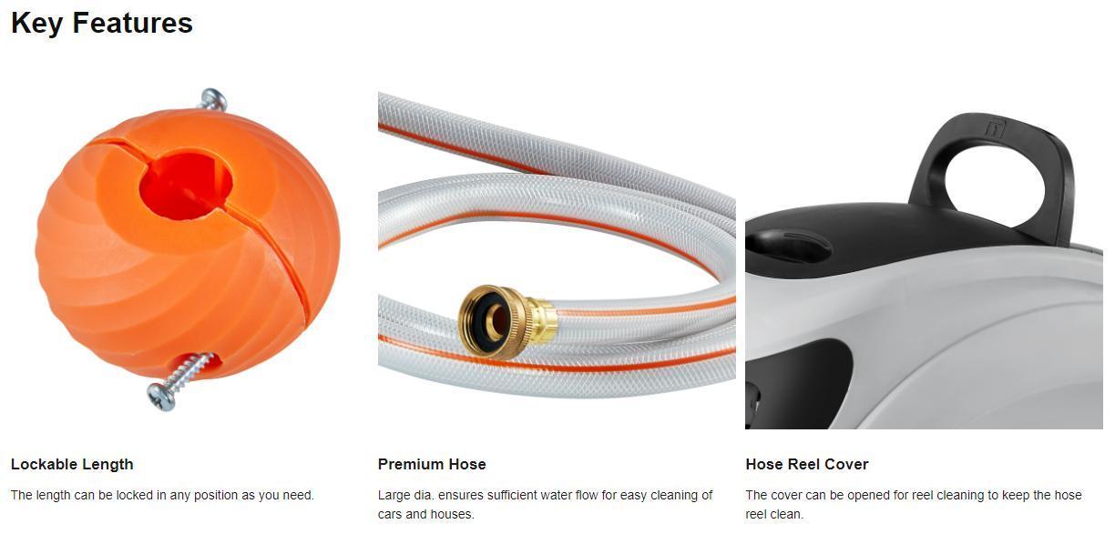 VEVOR Retractable Hose Reel, Max 130'x1/2" Garden Water Hose Reel with 9-Pattern Nozzle, 180° Swivel Bracket Wall-Mounted, Automatic Rewind, Lock at Any Length, with Slow Return System